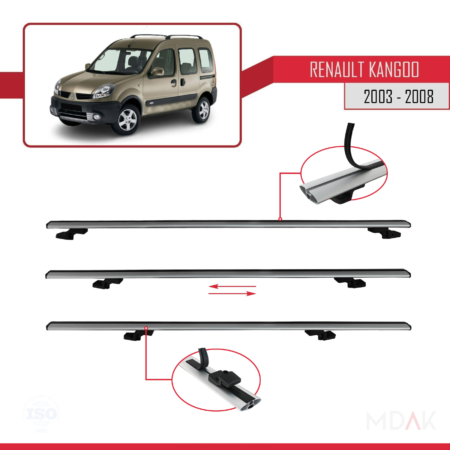 Renault Kangoo (X76) Post-Facelift 2003-2008 Arası ile Uyumlu BASIC Model Ara Atkı Tavan Barı Gri 2 Adet - Görsel 5