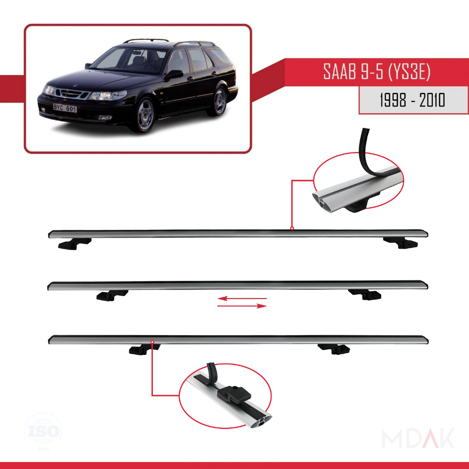 Saab 9-5 (YS3E) SW 1998-2010 Arası ile Uyumlu BASIC Model Ara Atkı Tavan Barı Gri 2 Adet - Görsel 5