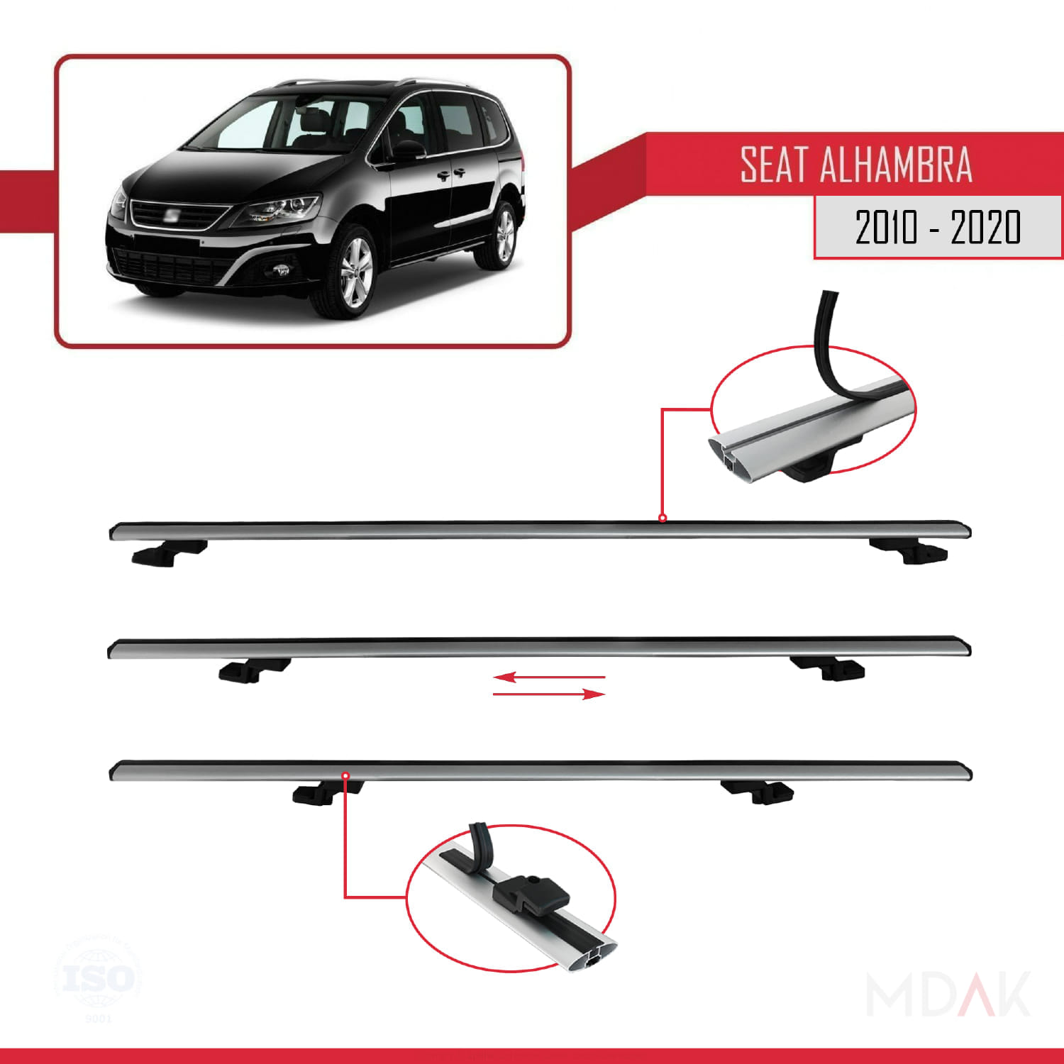 Seat Alhambra 2 (7N) 2010-2020 Arası ile Uyumlu BASIC Model Ara Atkı Tavan Barı Gri 2 Adet - Görsel 5