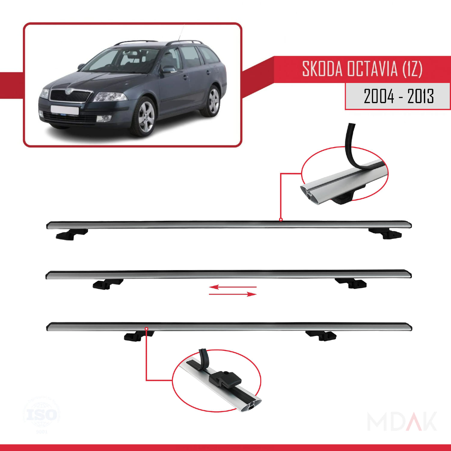 Skoda Octavia 2 (1Z) 2004-2013 Arası ile Uyumlu BASIC Model Ara Atkı Tavan Barı Gri 2 Adet - Görsel 5