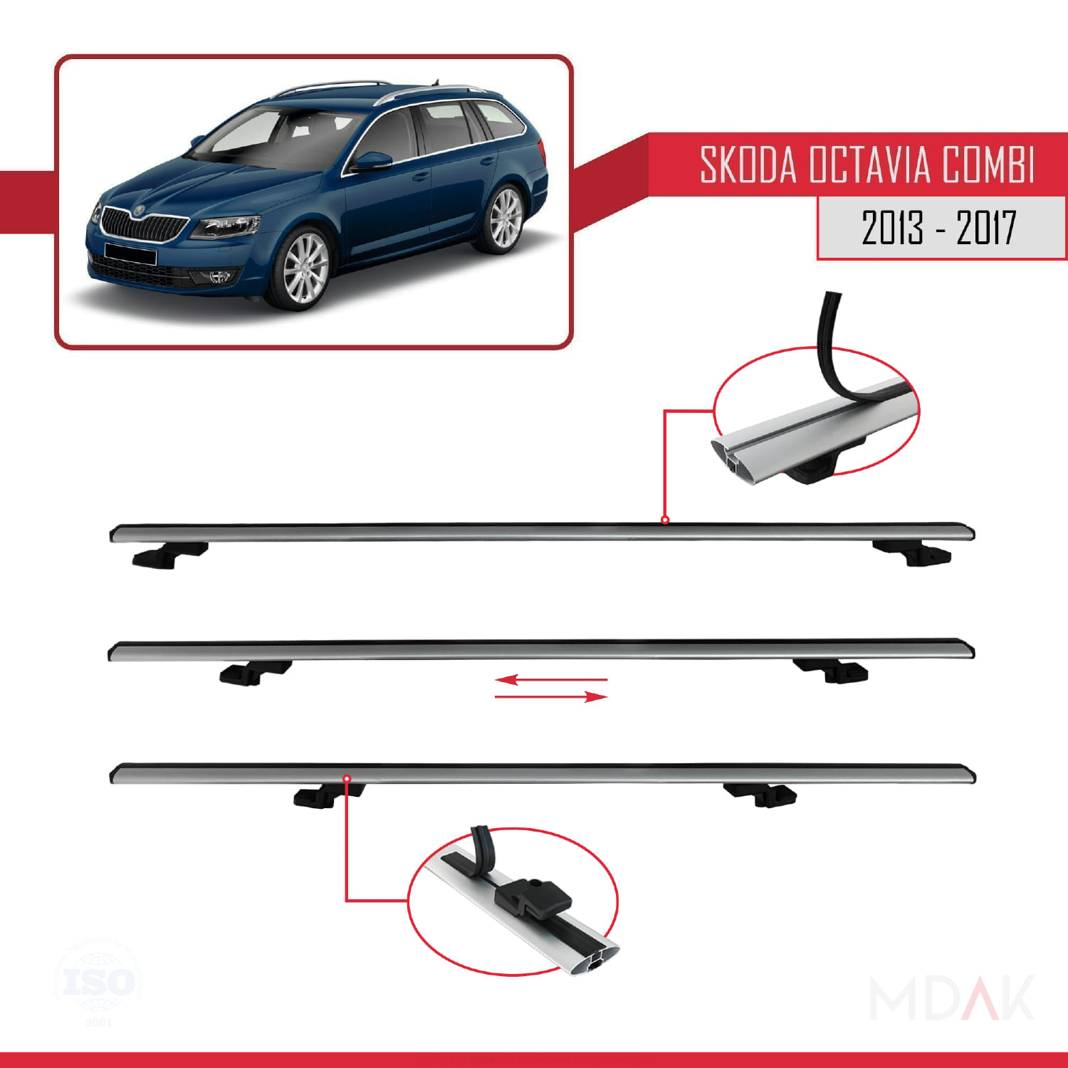 Skoda Octavia 3 (5E) Combi Pre-Facelift 2013-2017 Arası ile Uyumlu BASIC Model Ara Atkı Tavan Barı Gri 2 Adet - Görsel 5