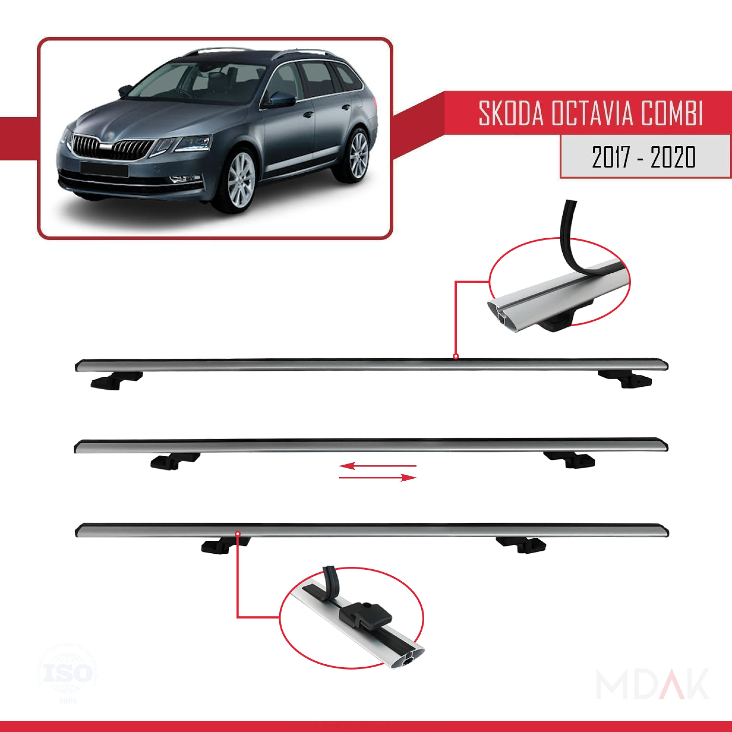 Skoda Octavia 3 (5E) Combi Post-Facelift 2017-2020 Arası ile Uyumlu BASIC Model Ara Atkı Tavan Barı Gri 2 Adet - Görsel 5