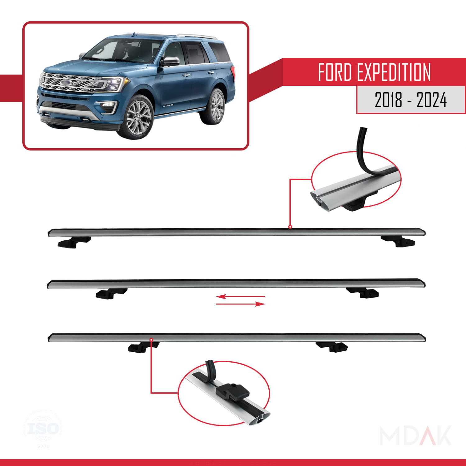 Ford Expedition 2018-2024 Arası ile Uyumlu BASIC Model Ara Atkı Tavan Barı Gri 2 Adet - Görsel 5