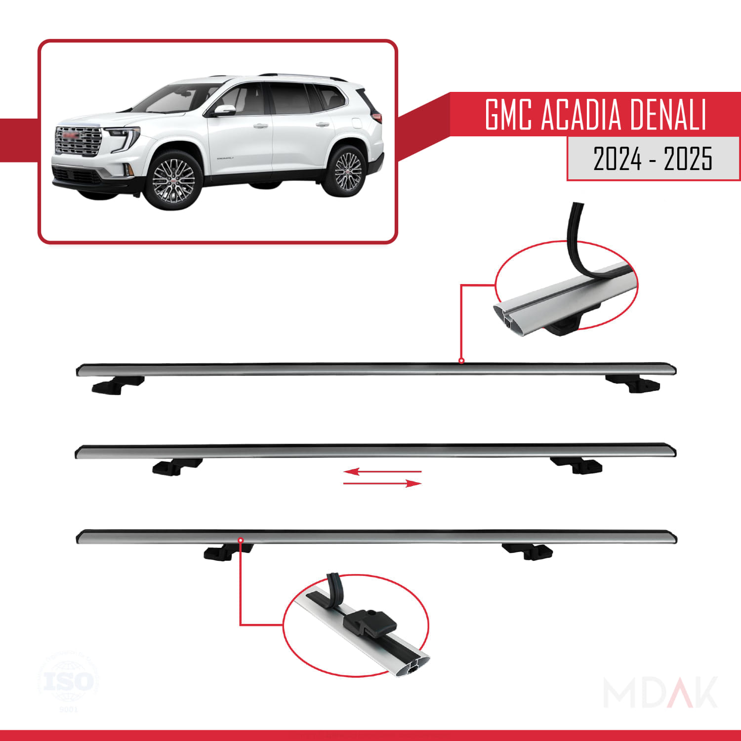 GMC Acadia Denali 2024-2025 Arası ile Uyumlu BASIC Model Ara Atkı Tavan Barı Gri 3 Adet - Görsel 5