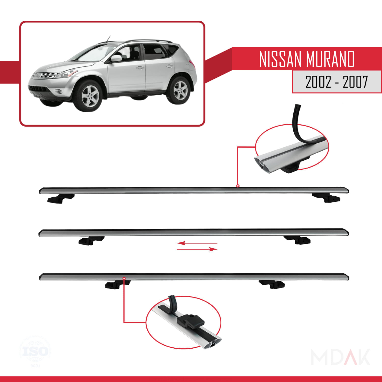 Compatibile con Nissan Murano 2002-2007 BASIC Model Barre Tetto Portapacchi Auto Barre Portatutto Nero Alluminio 3 Barre - Italia