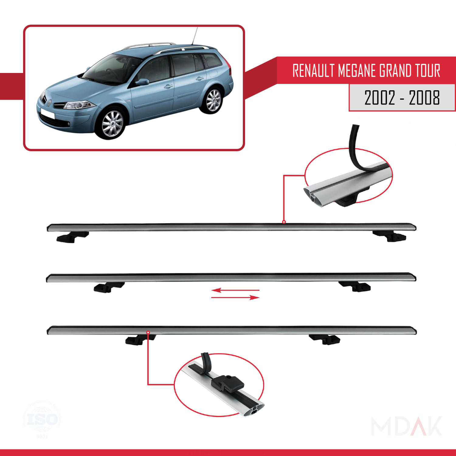 Renault Megane Grand Tour 2002-2008 Arası ile Uyumlu BASIC Model Ara Atkı Tavan Barı Gri 3 Adet - Görsel 5