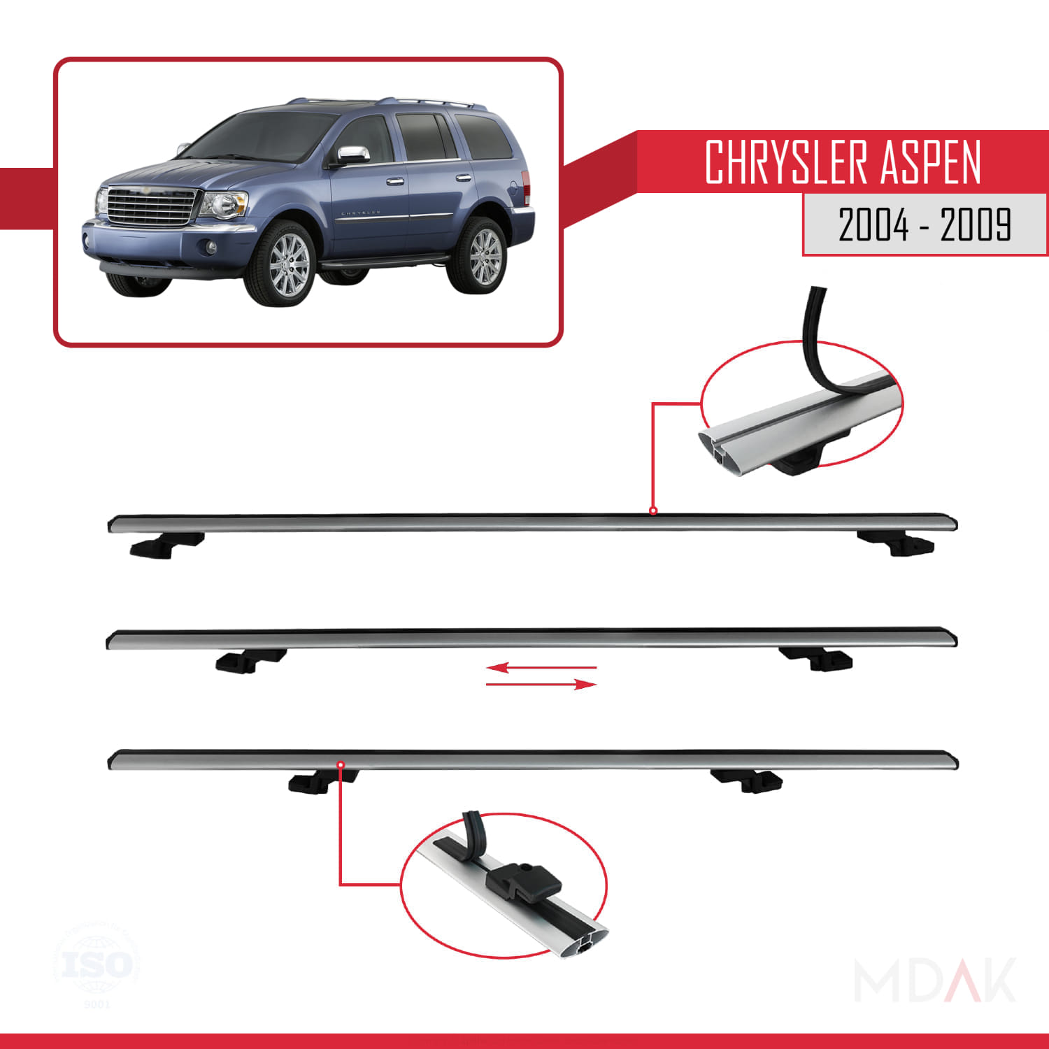 Chrysler Aspen 2004-2009 Arası ile Uyumlu BASIC Model Ara Atkı Tavan Barı Gri 2 Adet - Görsel 5