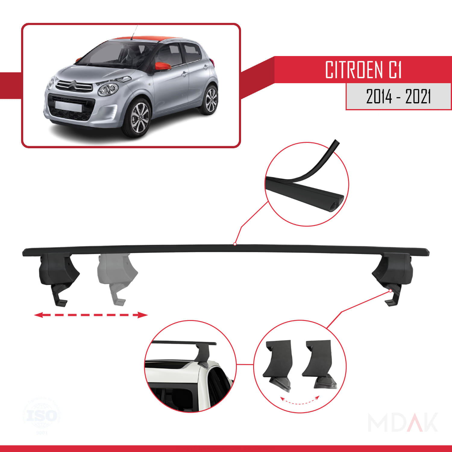 Citroen C1 (AB40) 2014-2021 Arası ile Uyumlu ACE-4 Ara Atkı Tavan Barı Siyah 2 Adet - Görsel 3