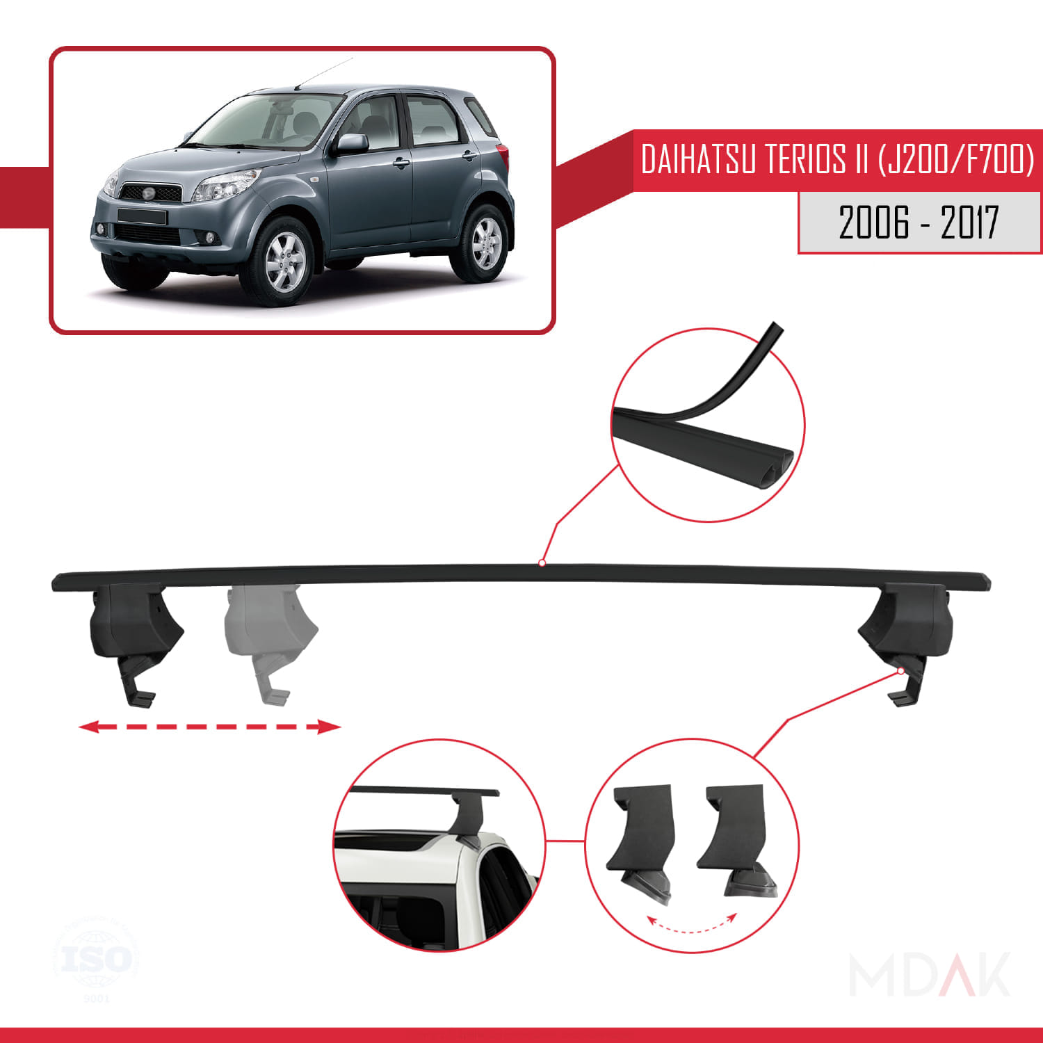 Daihatsu Terios 2 (J200/F700) 2006-2017 Arası ile Uyumlu ACE-4 Ara Atkı Tavan Barı Siyah 2 Adet - Görsel 3