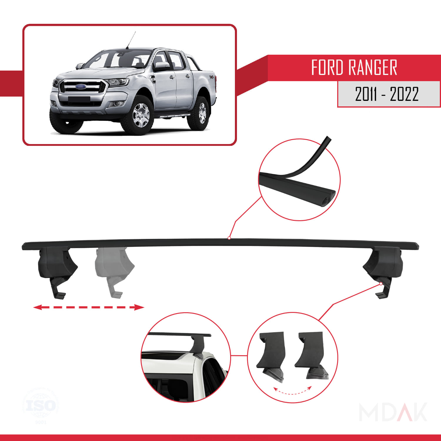 Ford Ranger (P375) 2011-2022 Arası ile Uyumlu ACE-4 Ara Atkı Tavan Barı Siyah 2 Adet - Görsel 3