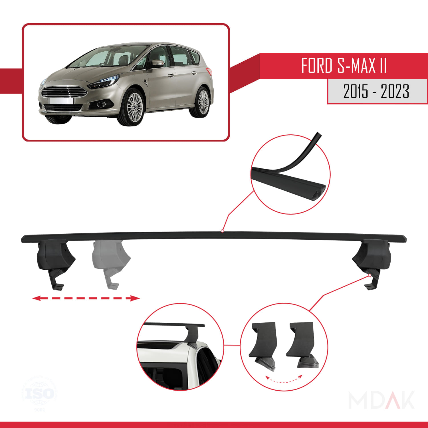 Ford S-Max 2 (CD539) 2015-2023 Arası ile Uyumlu ACE-4 Ara Atkı Tavan Barı Siyah 2 Adet - Görsel 3