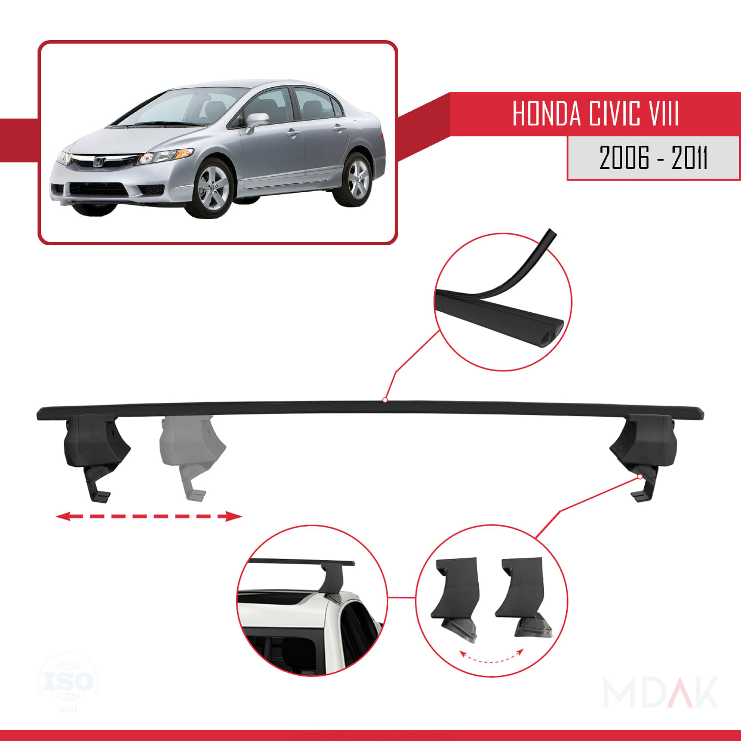 Honda Civic 8 V3 Sedan 2006-2011 Arası ile Uyumlu ACE-4 Ara Atkı Tavan Barı Siyah 2 Adet - Görsel 3