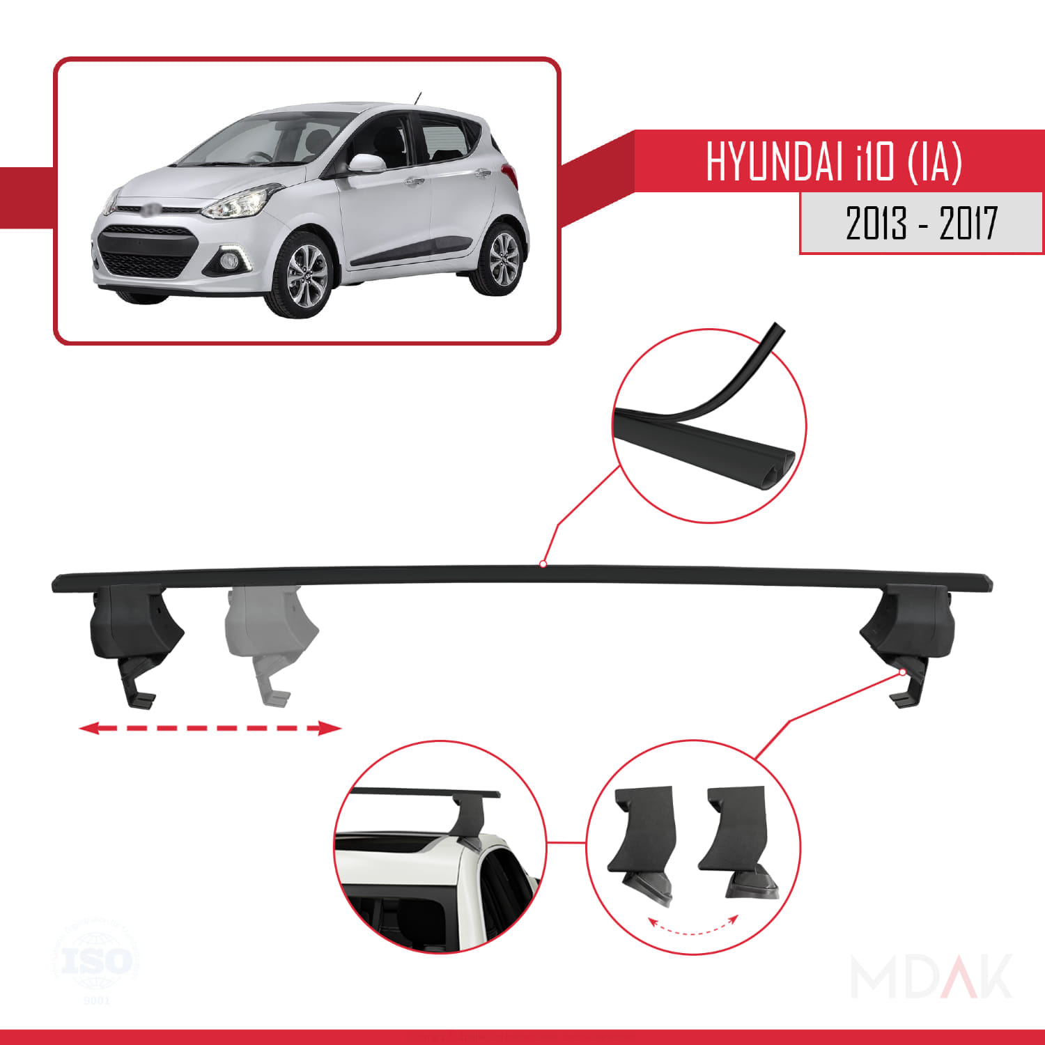 Hyundai i10 II (IA) Pre-Facelift 2013-2017 Arası ile Uyumlu ACE-4 Ara Atkı Tavan Barı Siyah 2 Adet - Görsel 3