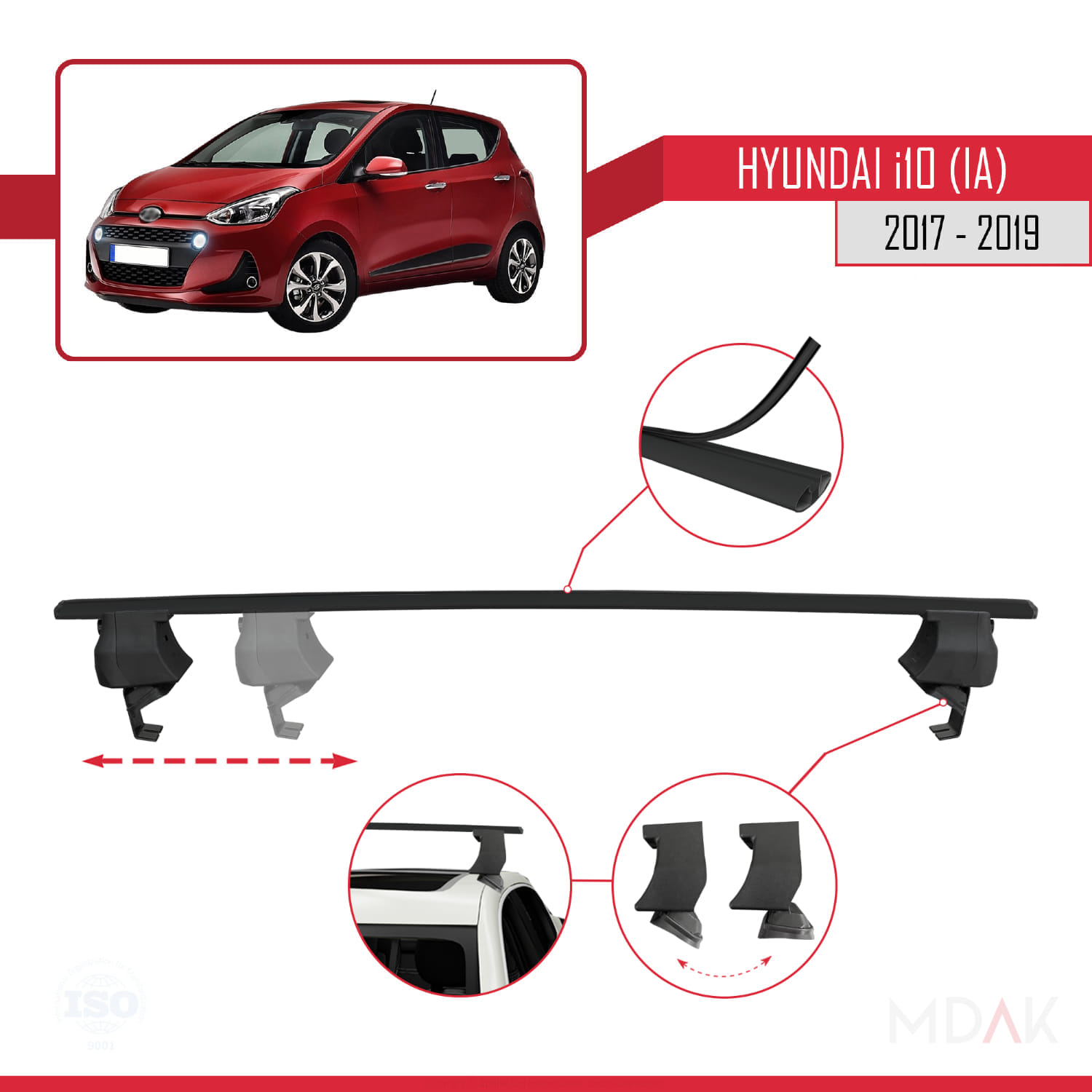 Hyundai i10 II (IA) Post-Facelift 2017-2019 Arası ile Uyumlu ACE-4 Ara Atkı Tavan Barı Siyah 2 Adet - Görsel 3