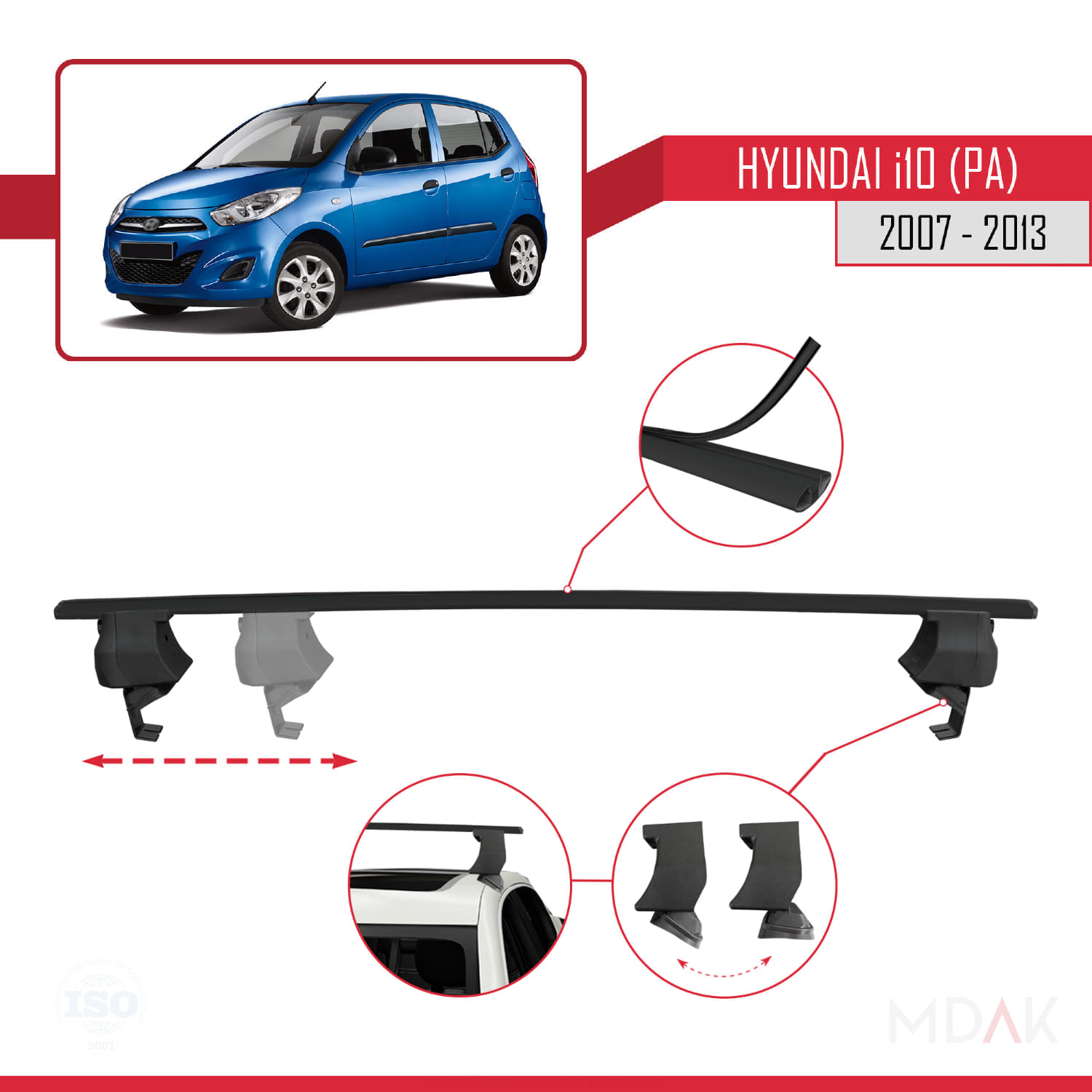 Hyundai i10 (PA) 2007-2013 Arası ile Uyumlu ACE-4 Ara Atkı Tavan Barı Siyah 2 Adet - Görsel 3