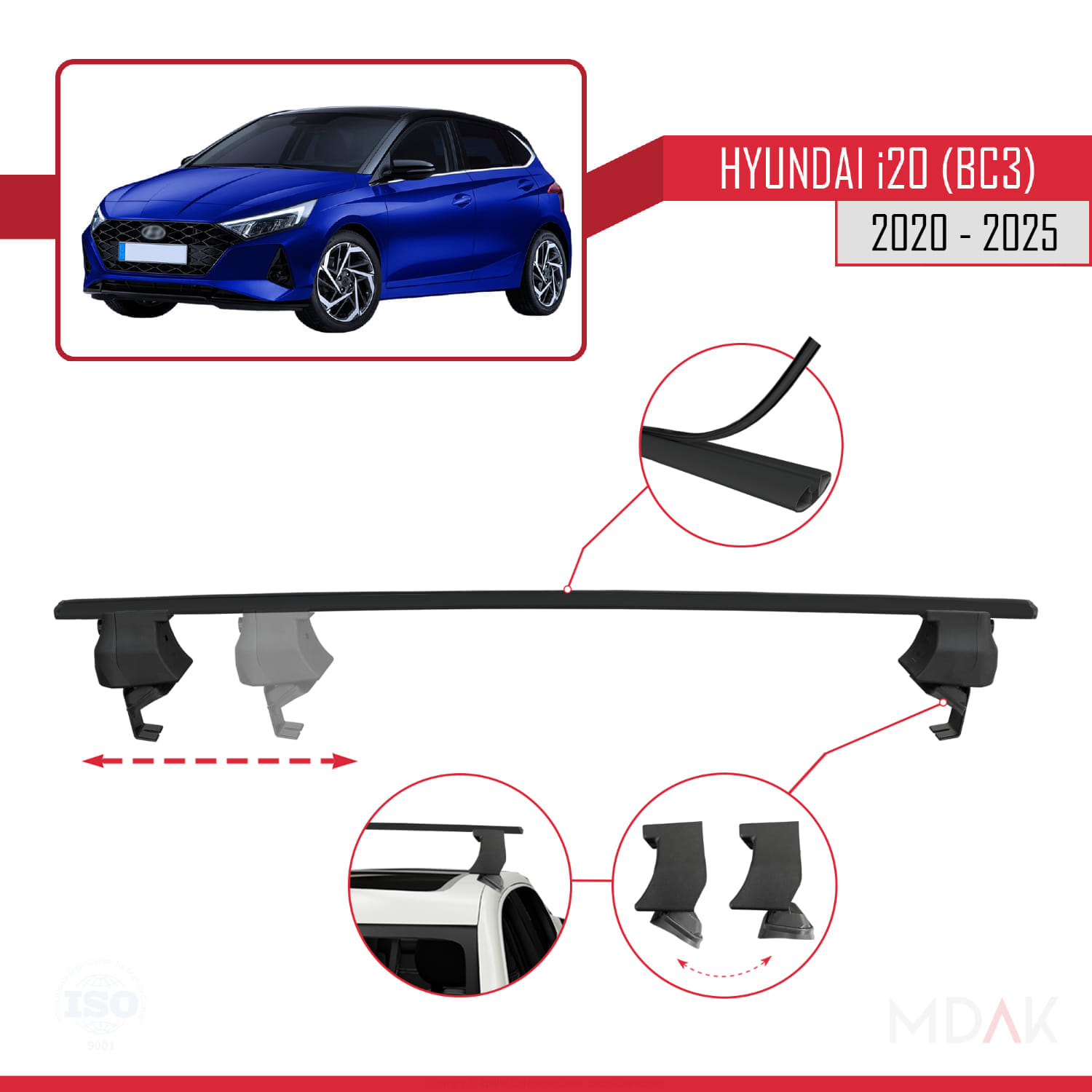 Hyundai i20 III (BC3) 2020 ve Sonrası ile Uyumlu ACE-4 Ara Atkı Tavan Barı Siyah 2 Adet - Görsel 4