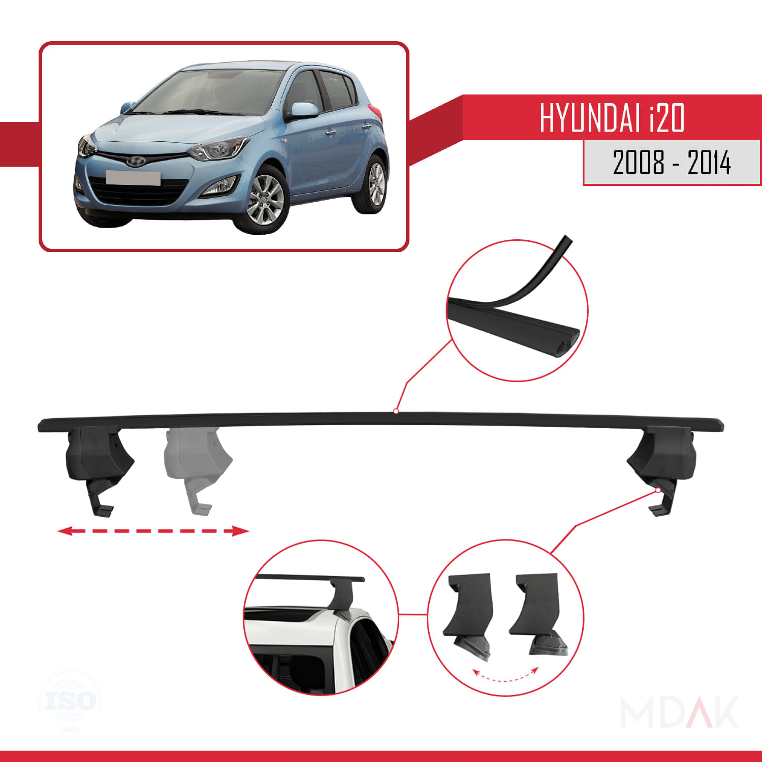 Hyundai i20 (PB) 2008-2014 Arası ile Uyumlu ACE-4 Ara Atkı Tavan Barı Siyah 2 Adet - Görsel 3
