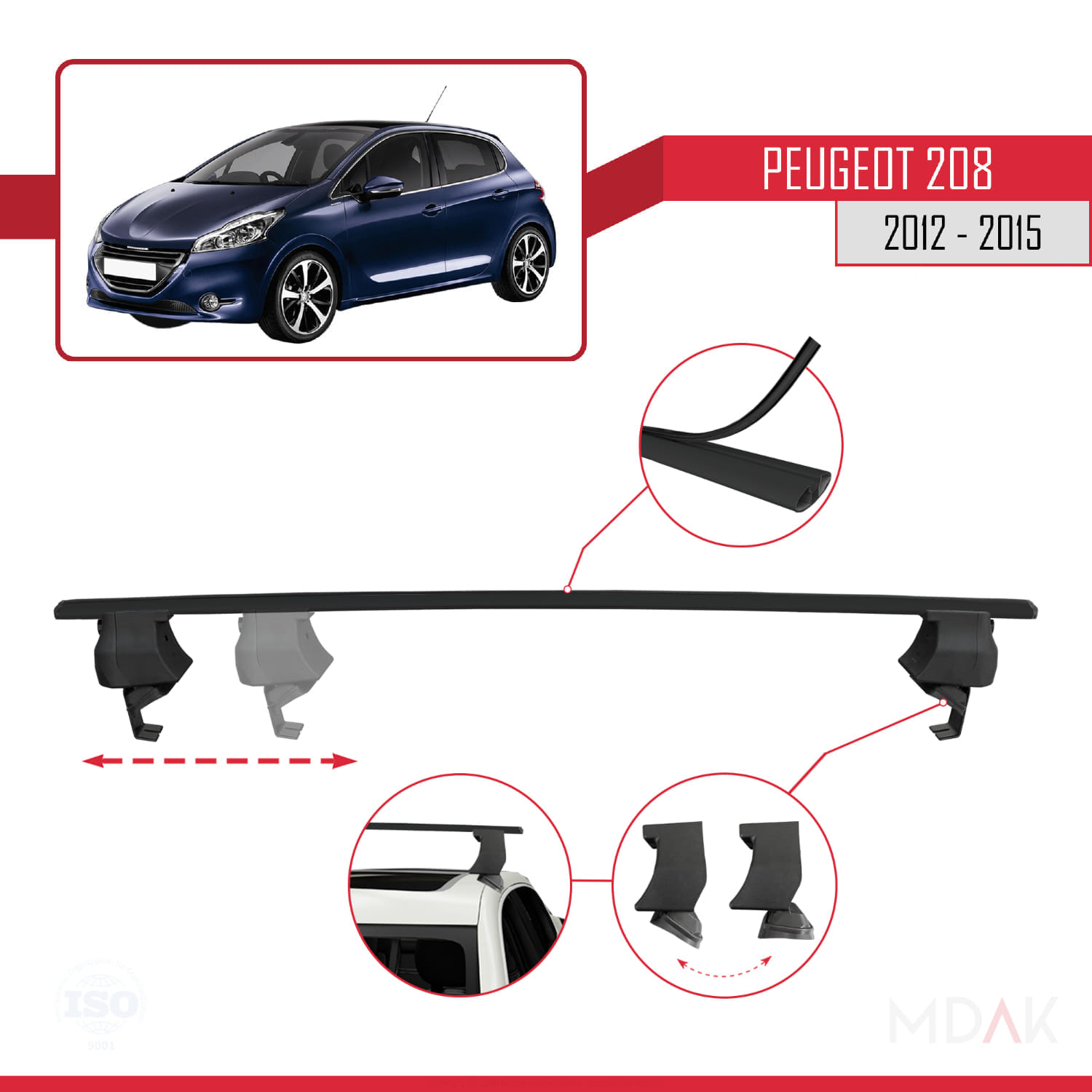 Peugeot 208 (A9) Pre-Facelift 2012-2015 Arası ile Uyumlu ACE-4 Ara Atkı Tavan Barı Siyah 2 Adet - Görsel 3