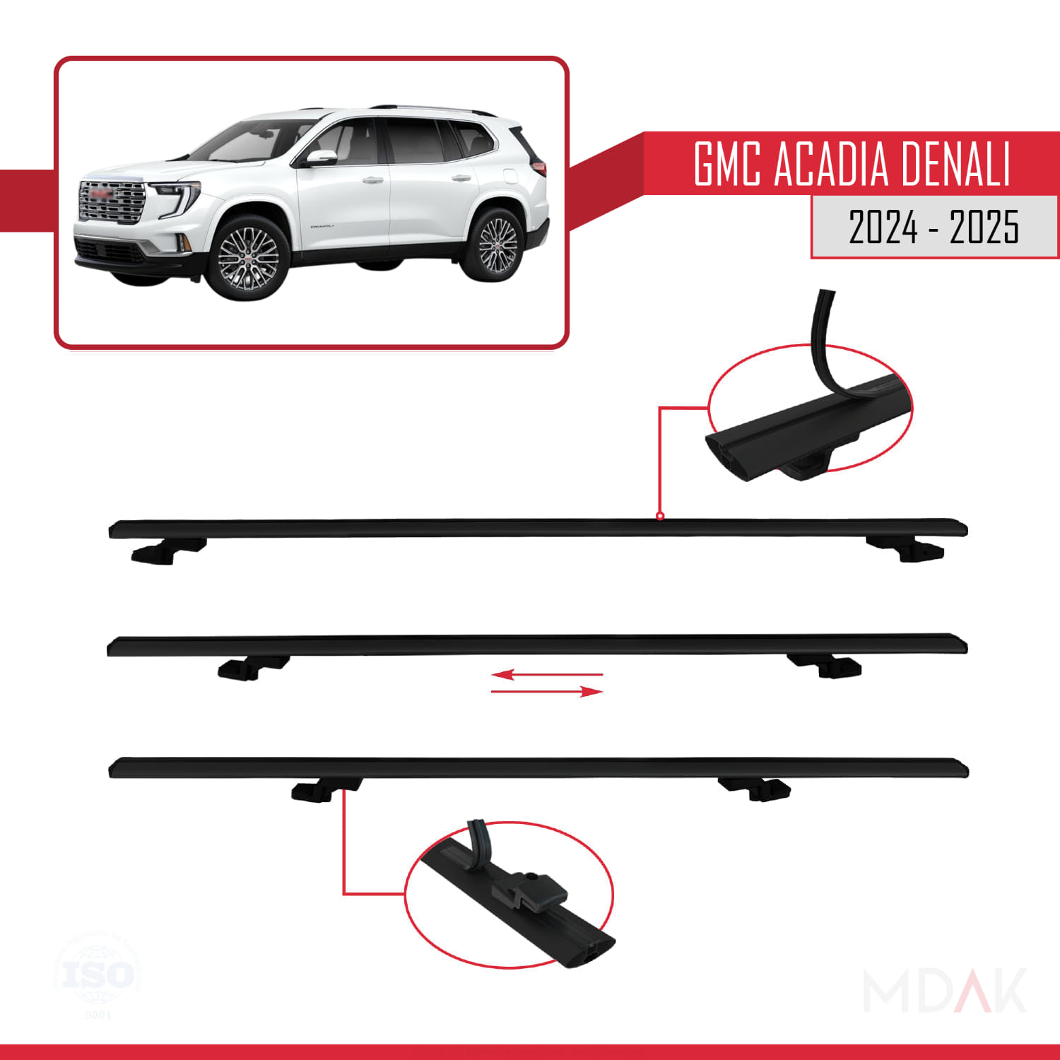 GMC Acadia Denali 2024-2025 Arası ile Uyumlu BASIC Model Ara Atkı Tavan Barı Siyah 2 Adet - Görsel 5