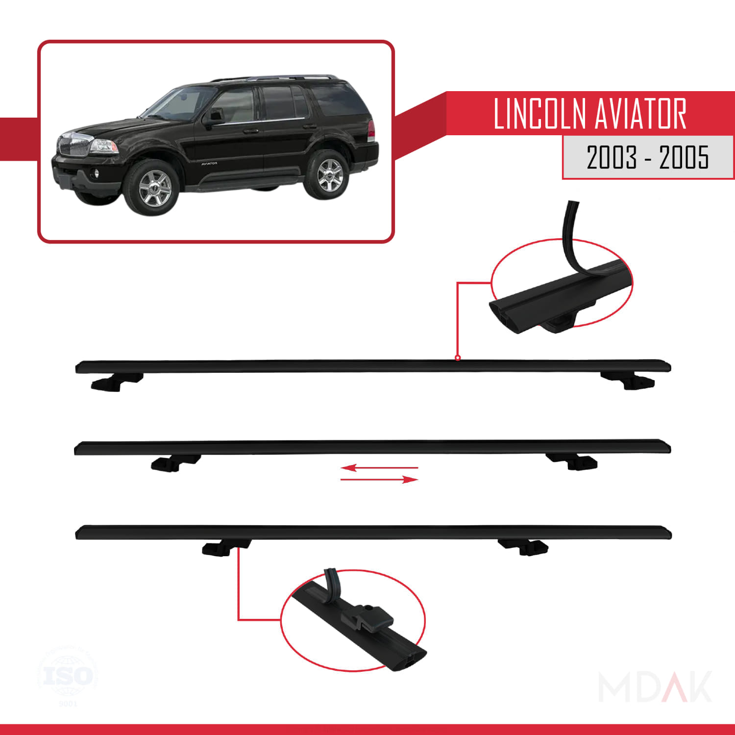 Lincoln Aviator 2003-2005 Arası ile Uyumlu BASIC Model Ara Atkı Tavan Barı Siyah 3 Adet - Görsel 5