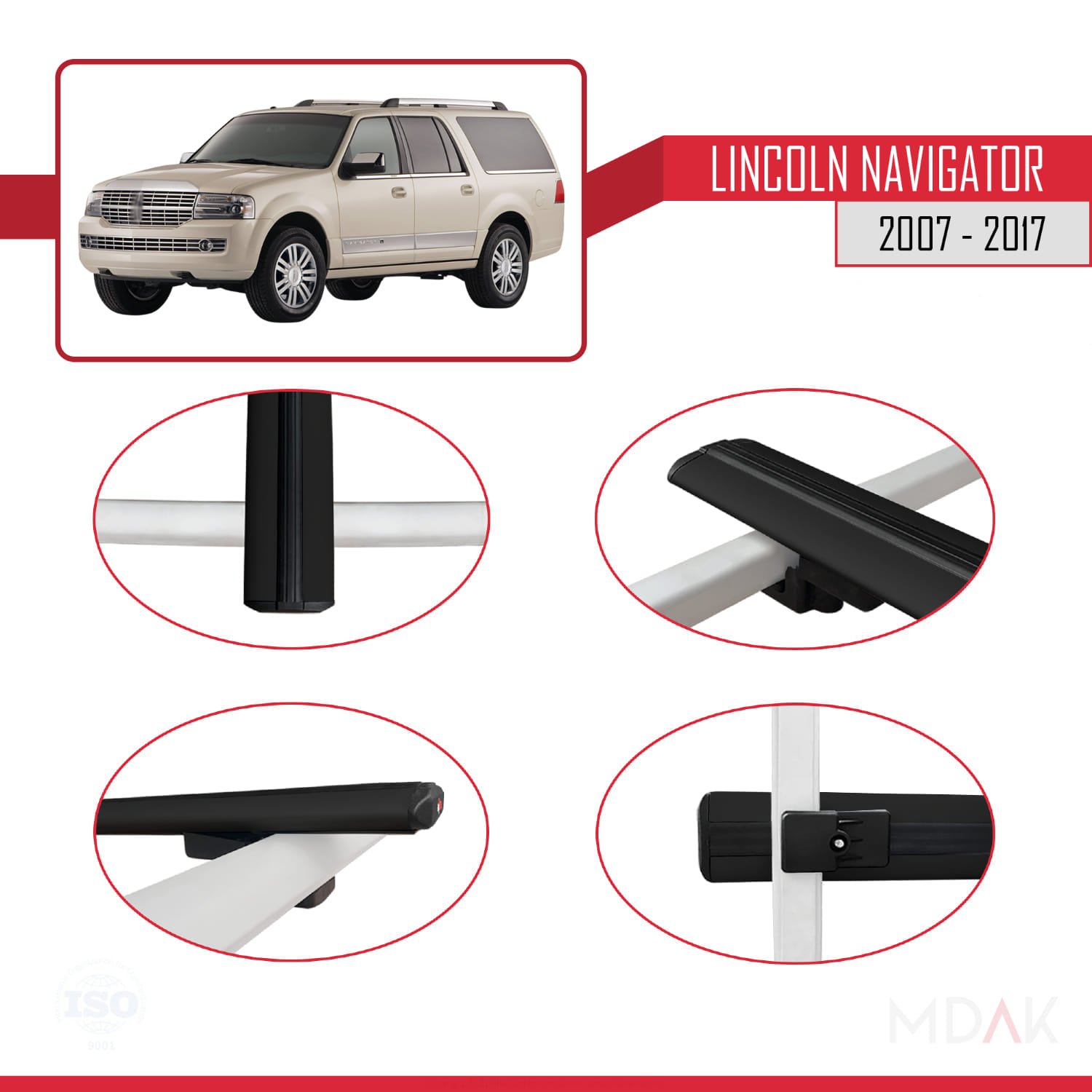 Lincoln Navigator 2007-2017 Arası ile Uyumlu BASIC Model Ara Atkı Tavan Barı Siyah 3 Adet - Görsel 4