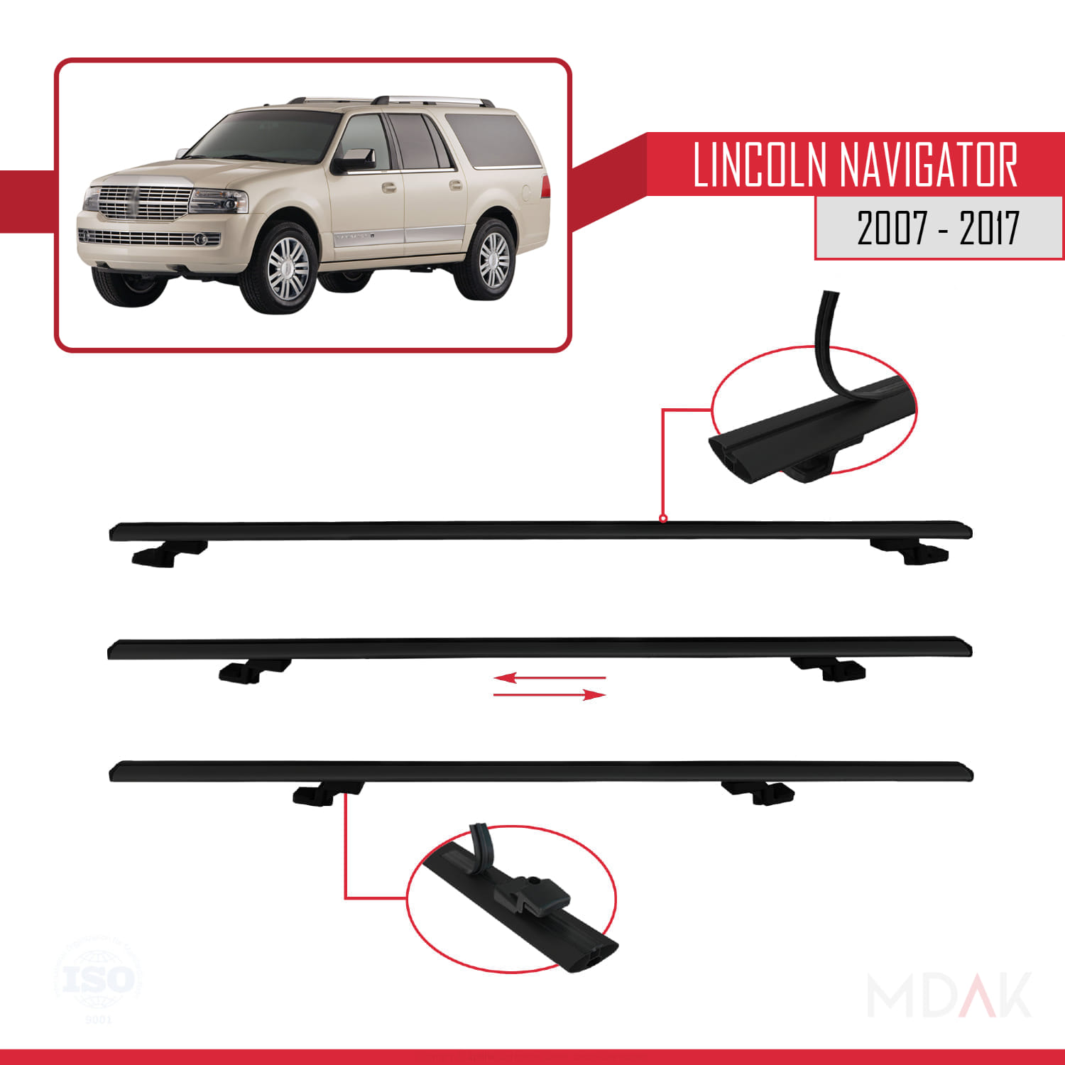 Lincoln Navigator 2007-2017 Arası ile Uyumlu BASIC Model Ara Atkı Tavan Barı Siyah 2 Adet - Görsel 5