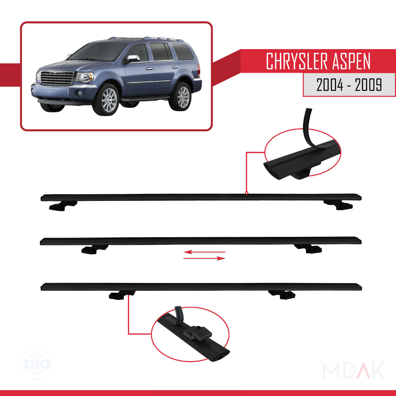 Chrysler Aspen 2004-2009 Arası ile Uyumlu BASIC Model Ara Atkı Tavan Barı Siyah 2 Adet - Görsel 5
