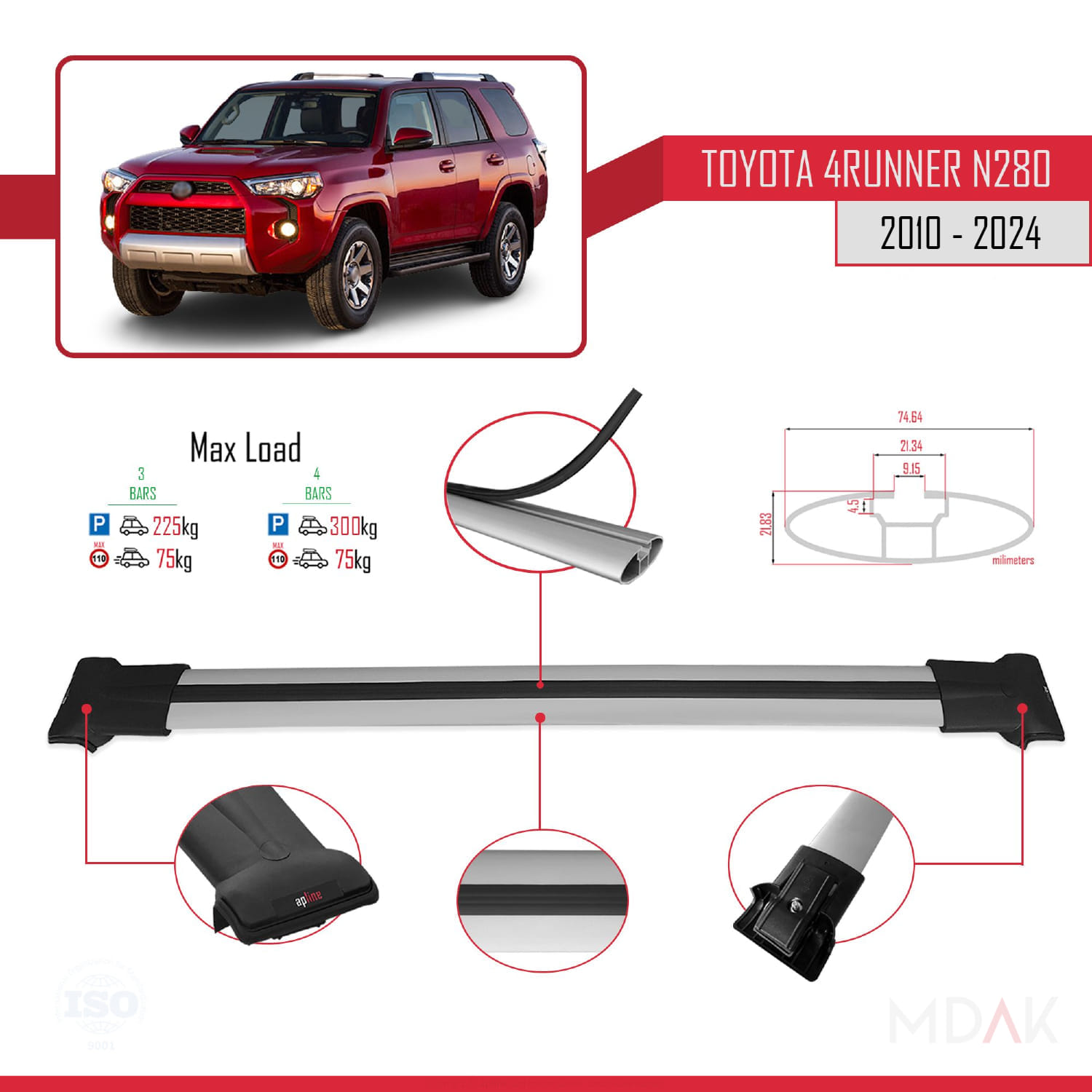 Toyota 4Runner (N280) 2010-2024 Arası ile Uyumlu FLY Model Ara Atkı Tavan Barı Gri 3 Adet - Görsel 4