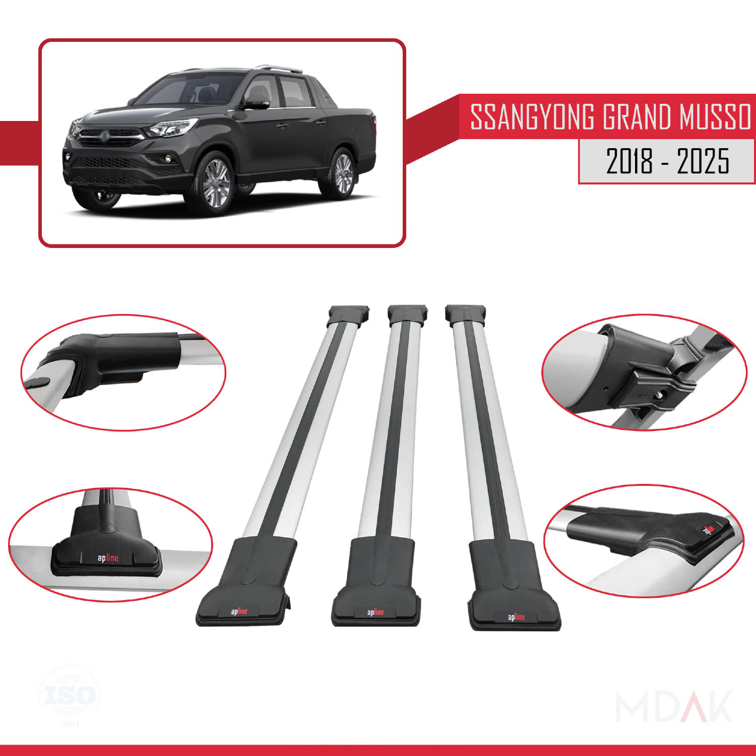 Ssangyong Grand Musso 2018 ve Sonrası ile Uyumlu FLY Model Ara Atkı Tavan Barı Gri 3 Adet - Görsel 4