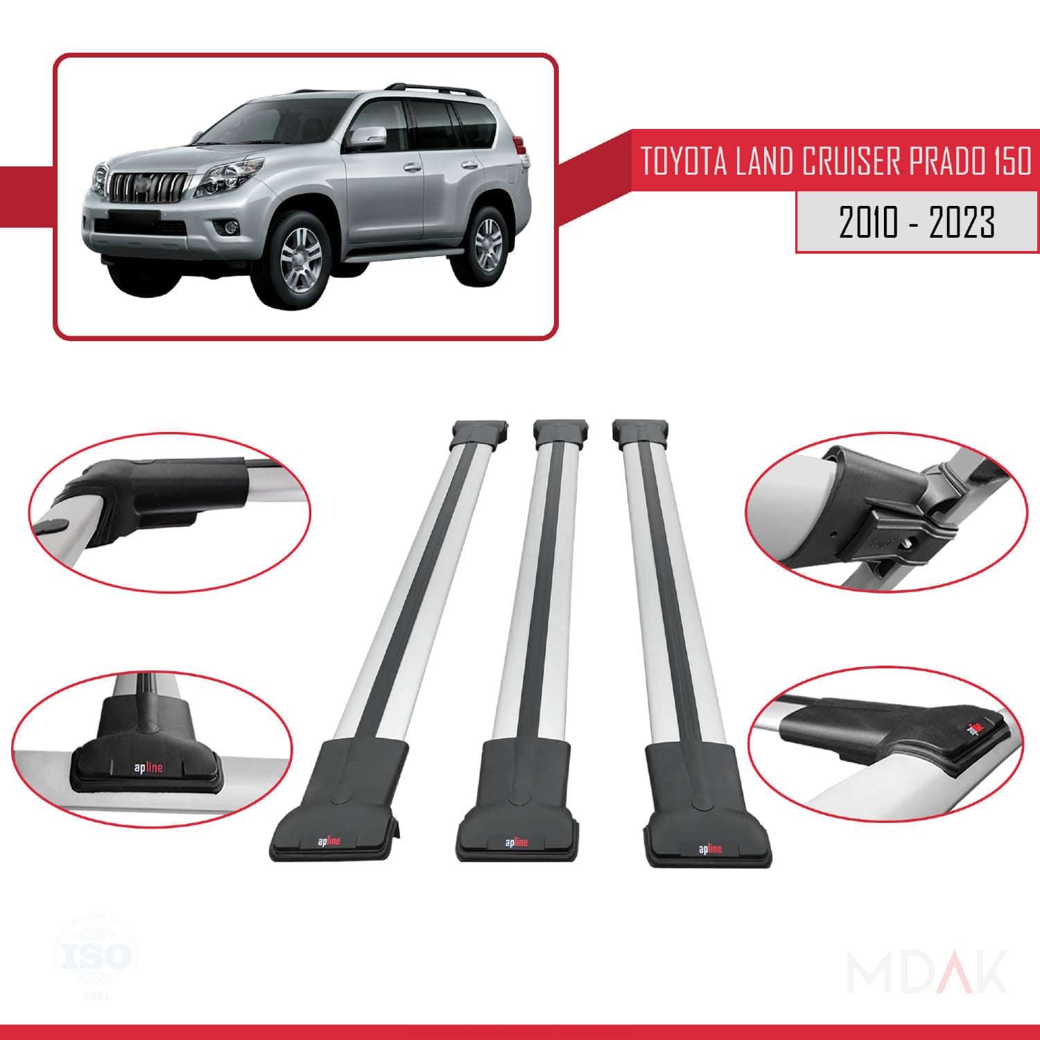 Toyota Land Cruiser Prado (J150) 2010-2023 Arası ile Uyumlu FLY Model Ara Atkı Tavan Barı Gri 3 Adet - Görsel 4