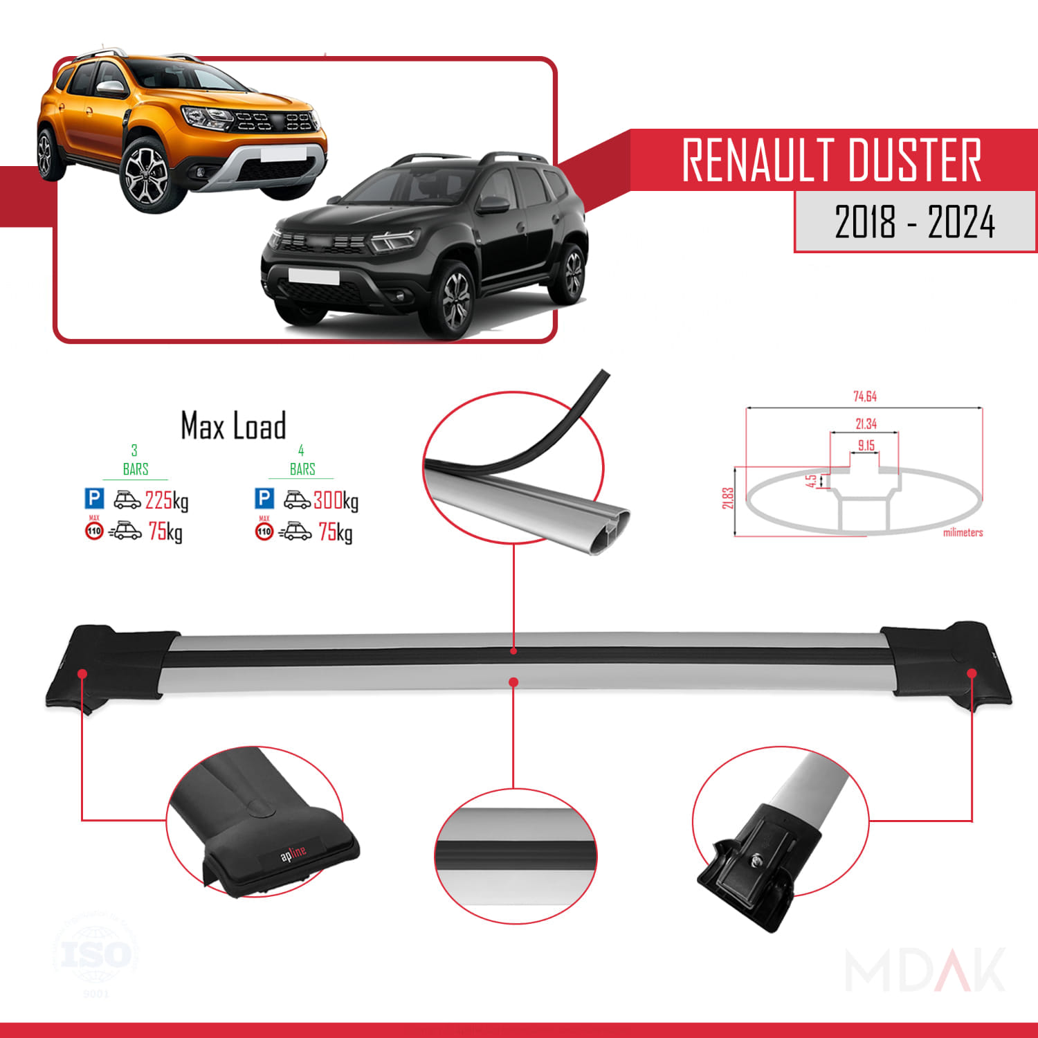 Renault Duster 2 (HM) 2018 ve Sonrası ile Uyumlu FLY Model Ara Atkı Tavan Barı Gri 3 Adet - Görsel 3