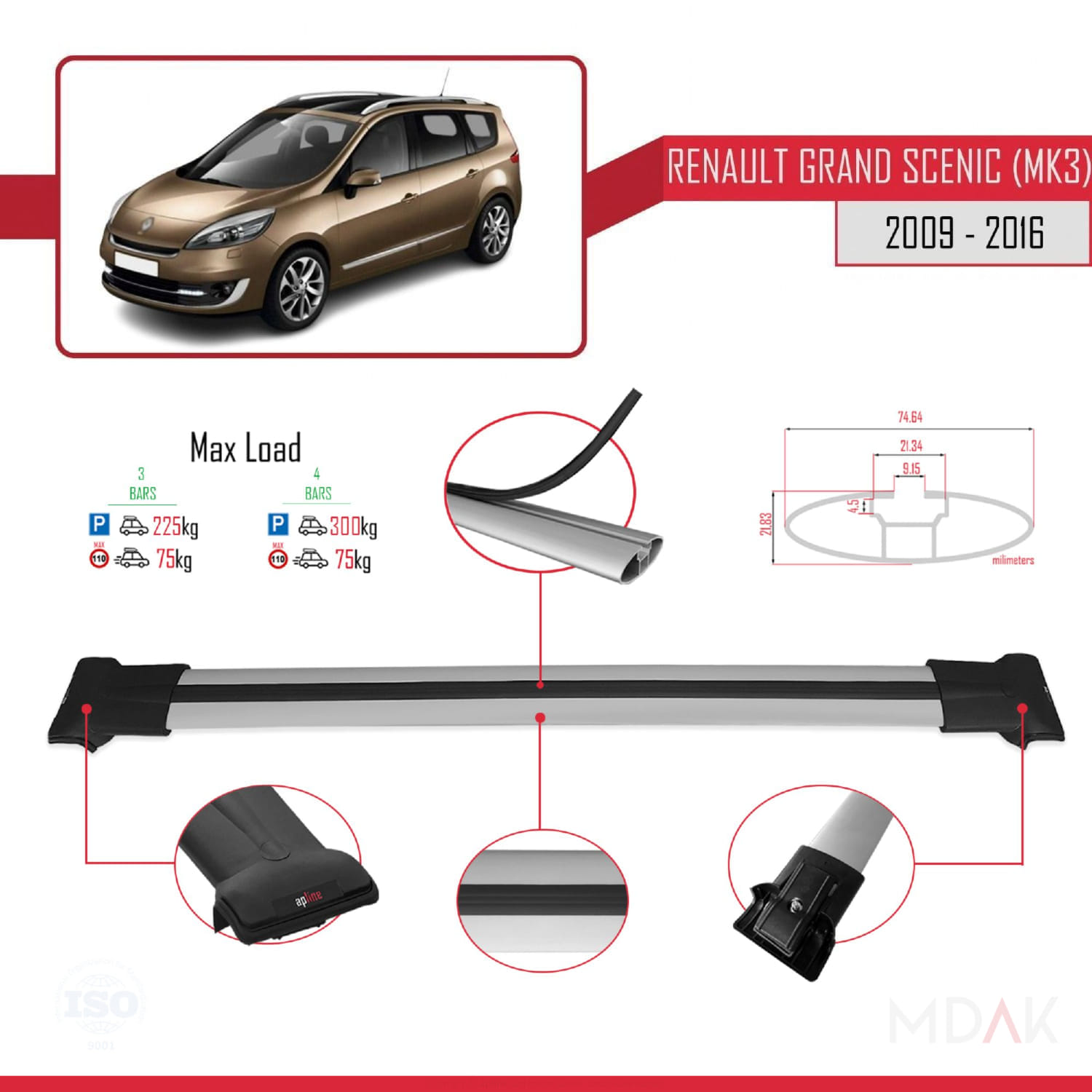 Renault Grand Scenic 3 2009-2016 Arası ile Uyumlu FLY Model Ara Atkı Tavan Barı Gri 3 Adet - Görsel 3