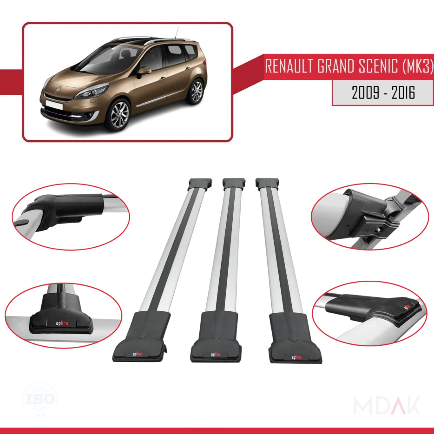 Renault Grand Scenic 3 2009-2016 Arası ile Uyumlu FLY Model Ara Atkı Tavan Barı Gri 3 Adet - Görsel 4