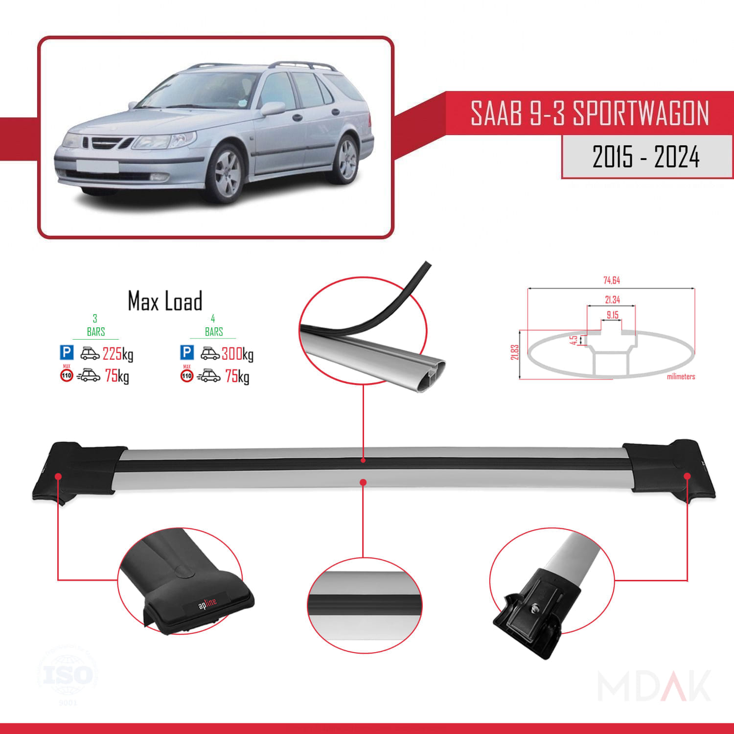 Saab 9-3 II SW 2006-2012 Arası ile Uyumlu FLY Model Ara Atkı Tavan Barı Gri 3 Adet - Görsel 3