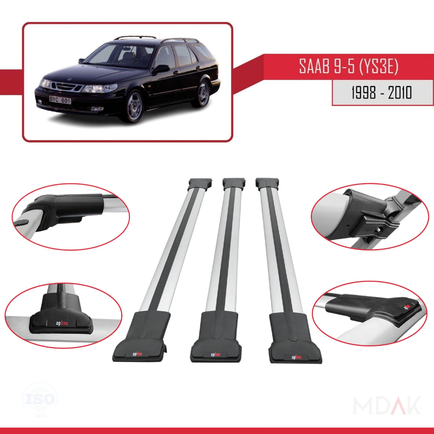 Saab 9-5 (YS3E) SW 1998-2010 Arası ile Uyumlu FLY Model Ara Atkı Tavan Barı Gri 3 Adet - Görsel 4