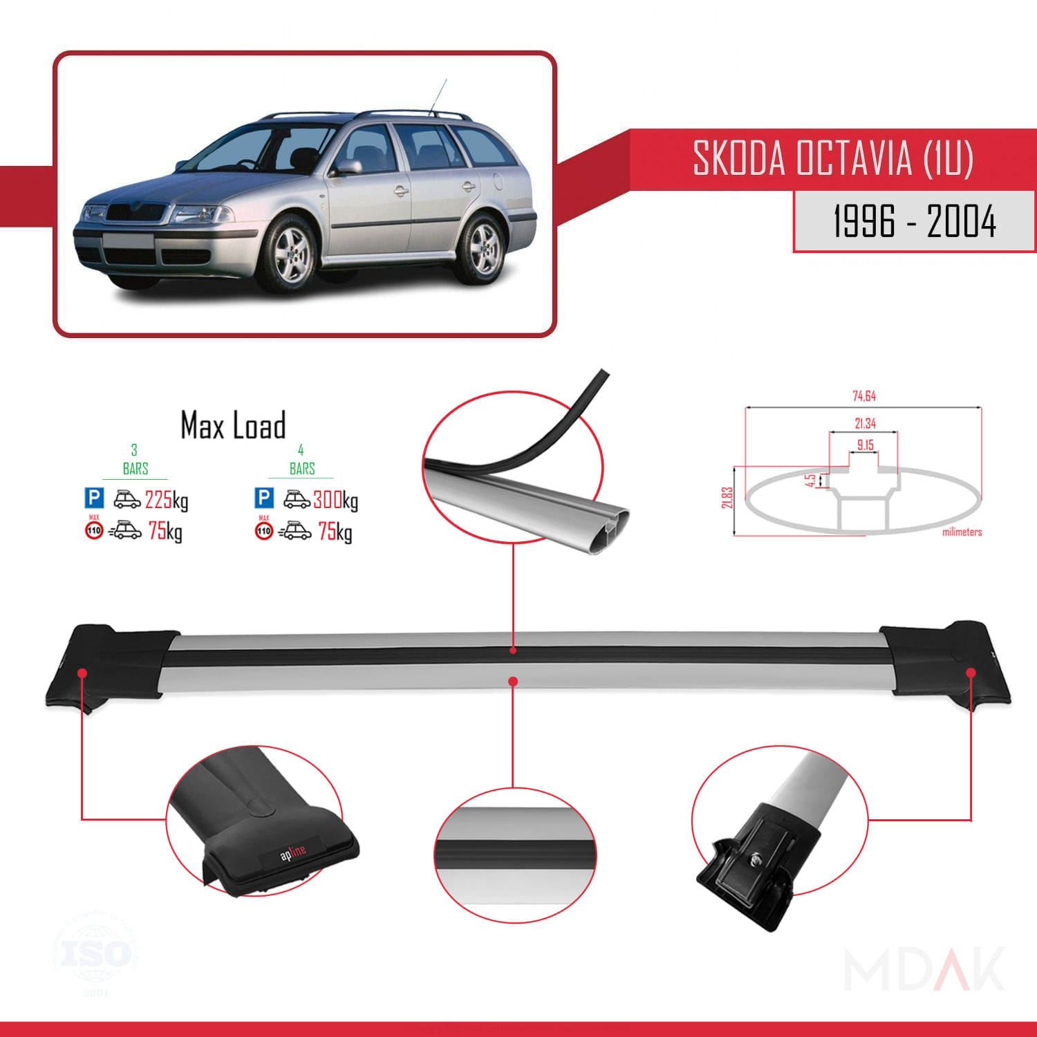 Skoda Octavia (1U) 1996-2004 Arası ile Uyumlu FLY Model Ara Atkı Tavan Barı Gri 3 Adet - Görsel 3