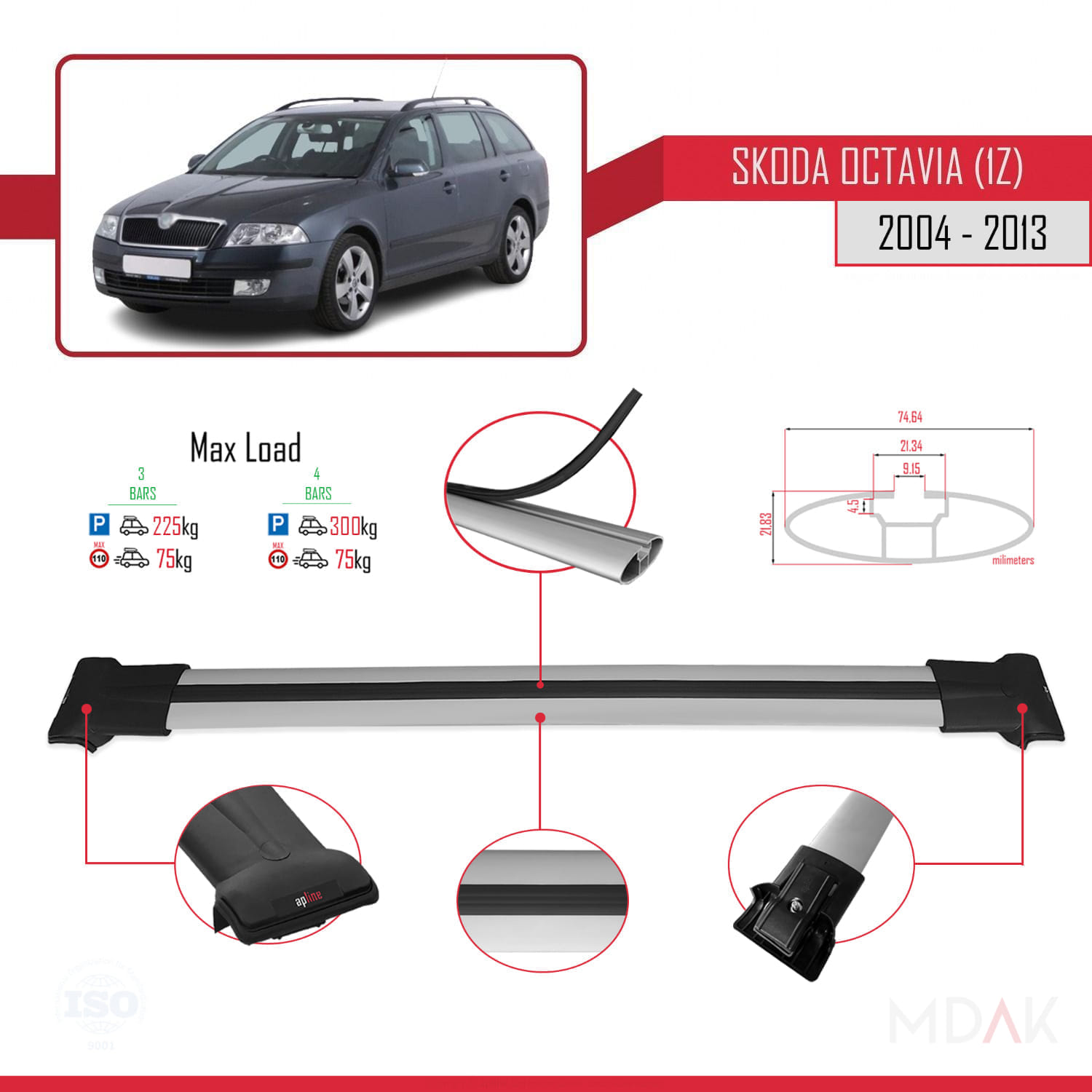 Skoda Octavia 2 (1Z) 2004-2013 Arası ile Uyumlu FLY Model Ara Atkı Tavan Barı Gri 3 Adet - Görsel 3
