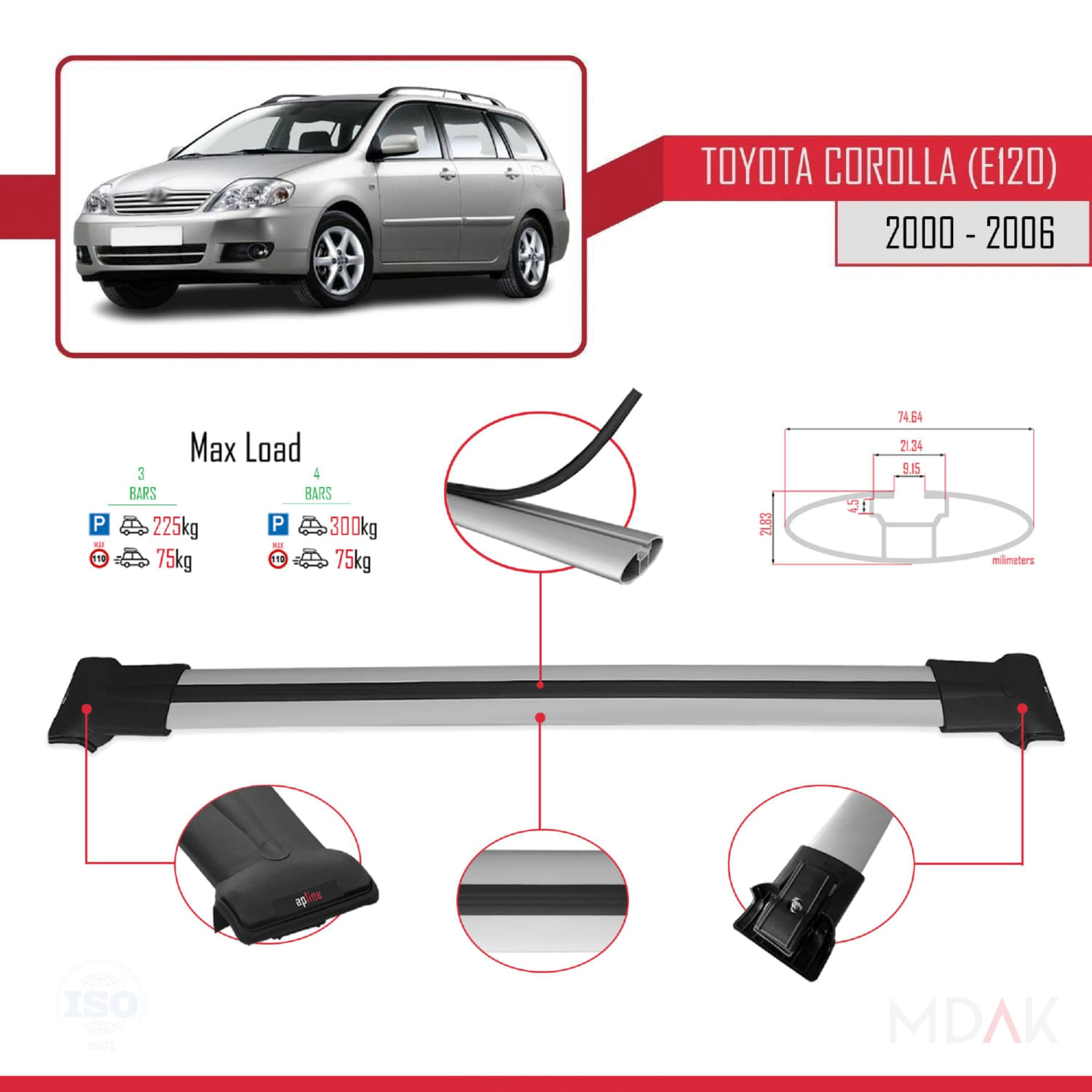 Toyota Corolla 9 (E120) SW 2000-2006 Arası ile Uyumlu FLY Model Ara Atkı Tavan Barı Gri 3 Adet - Görsel 3