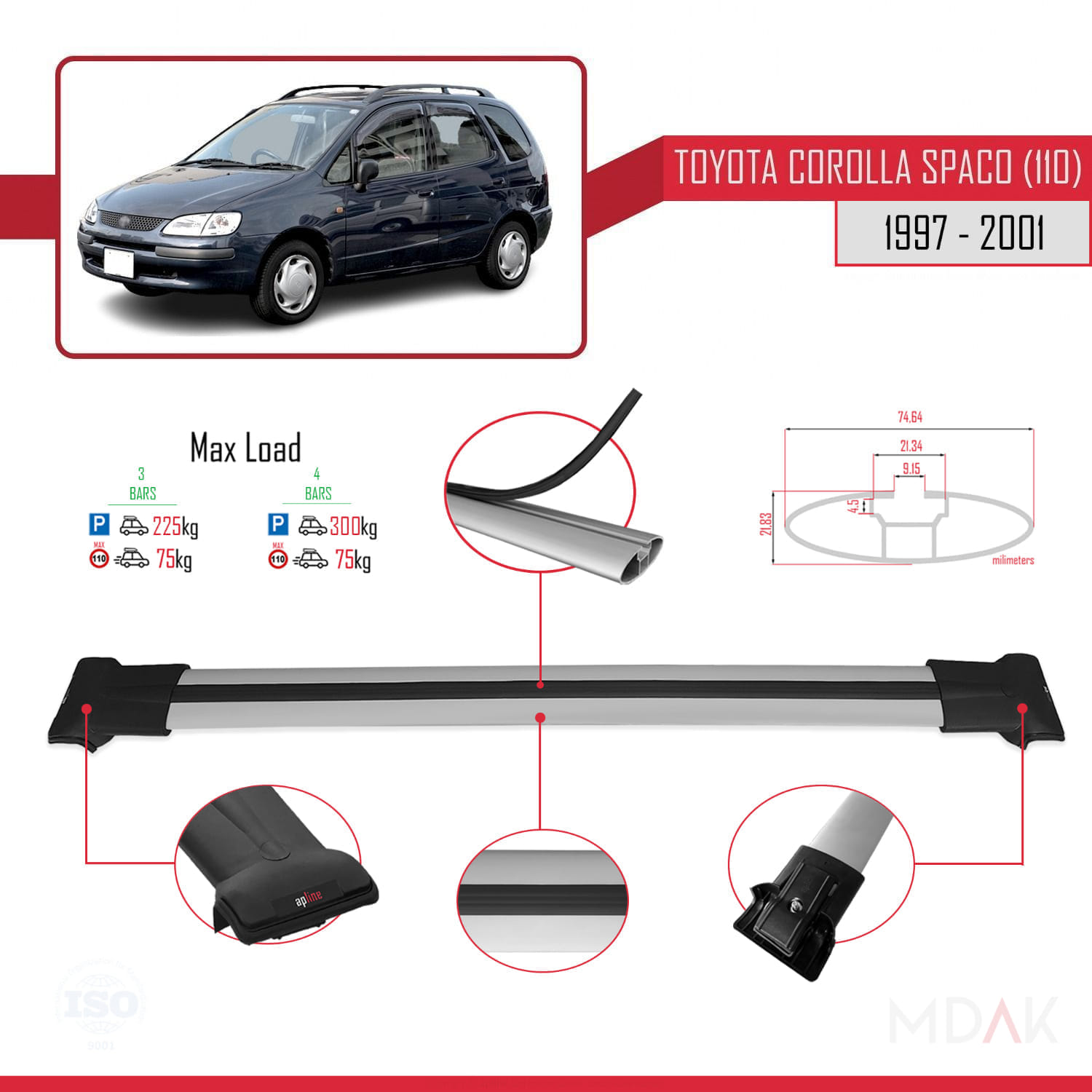 Toyota Corolla Spacio (E110) 1997-2001 Arası ile Uyumlu FLY Model Ara Atkı Tavan Barı Gri 3 Adet - Görsel 3