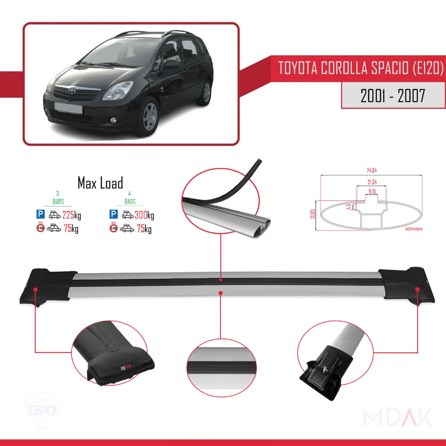 Toyota Corolla Spacio 2 (E120) 2001-2007 Arası ile Uyumlu FLY Model Ara Atkı Tavan Barı Gri 3 Adet - Görsel 3
