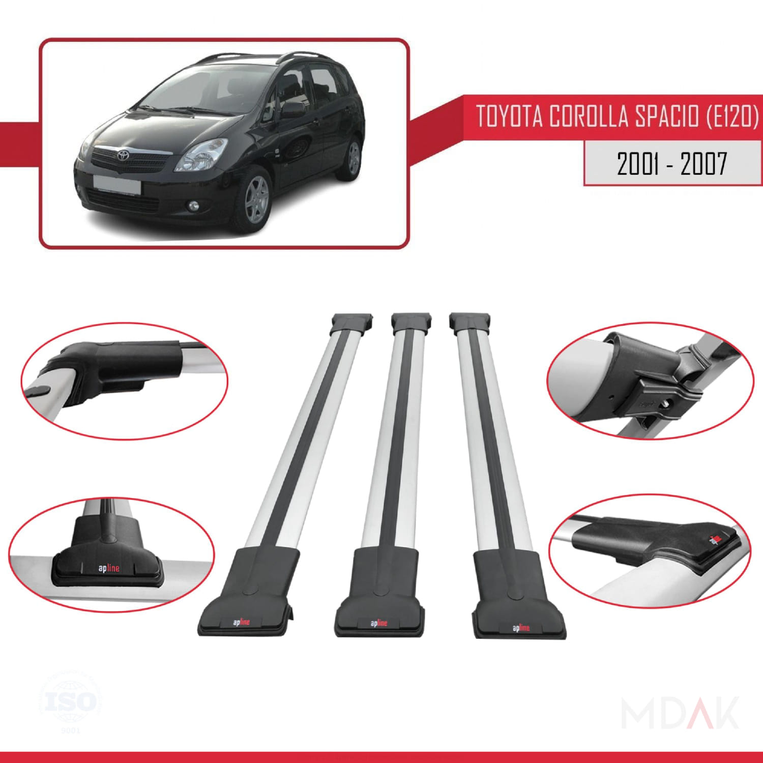 Toyota Corolla Spacio 2 (E120) 2001-2007 Arası ile Uyumlu FLY Model Ara Atkı Tavan Barı Gri 3 Adet - Görsel 4