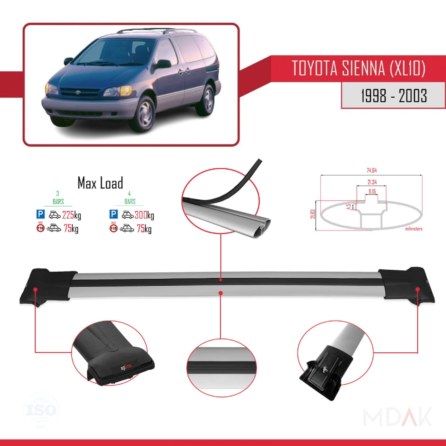 Toyota Sienna (XL10) 1998-2003 Arası ile Uyumlu FLY Model Ara Atkı Tavan Barı Gri 3 Adet - Görsel 3