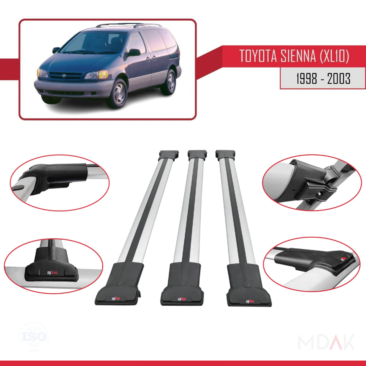 Toyota Sienna (XL10) 1998-2003 Arası ile Uyumlu FLY Model Ara Atkı Tavan Barı Gri 3 Adet - Görsel 4