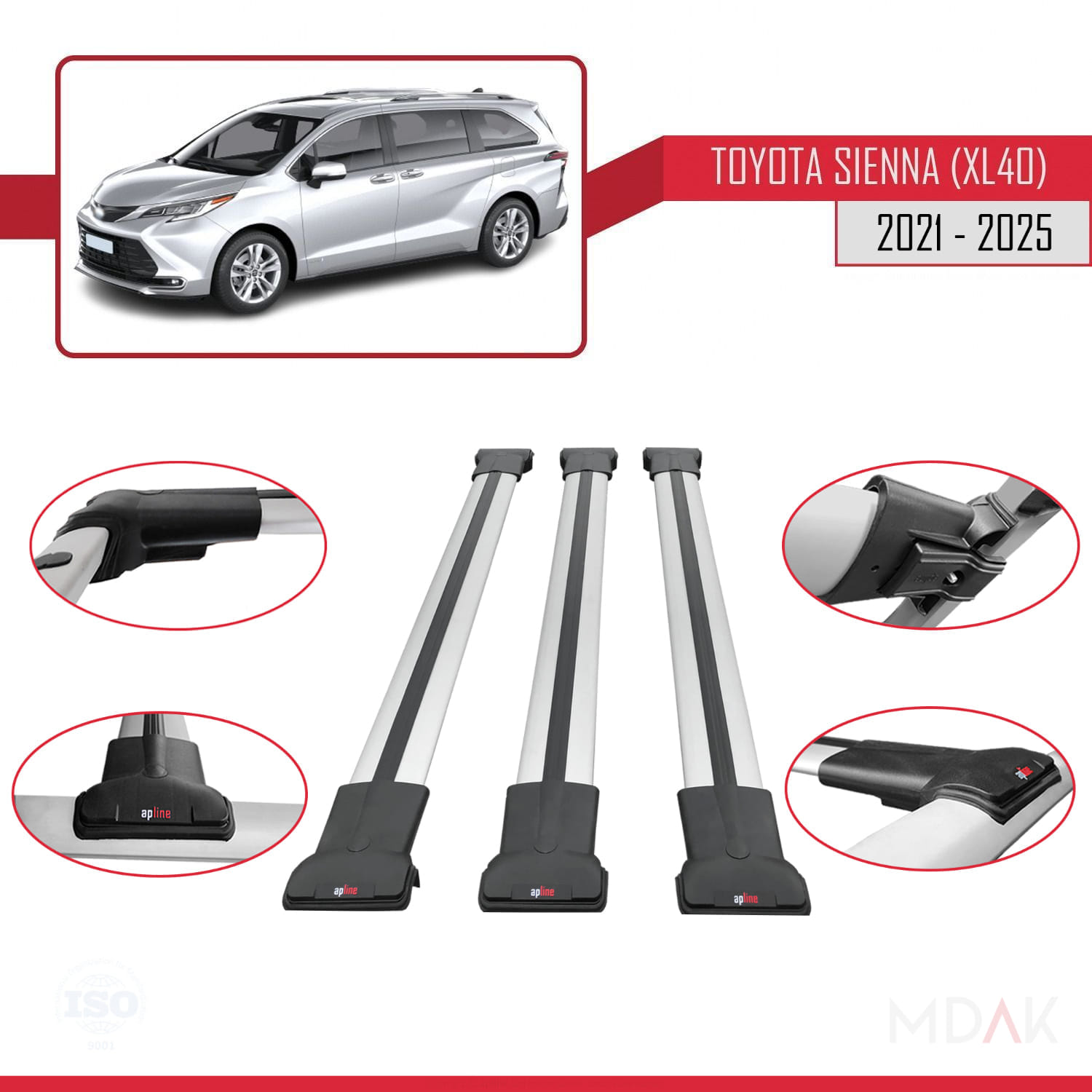 Toyota Sienna 4 (XL40) 2021 ve Sonrası ile Uyumlu FLY Model Ara Atkı Tavan Barı Gri 3 Adet - Görsel 4