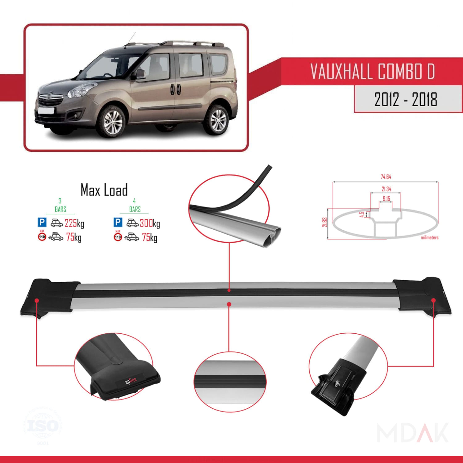 Vauxhall Combo D 2012-2018 Arası ile Uyumlu FLY Model Ara Atkı Tavan Barı Gri 3 Adet - Görsel 3