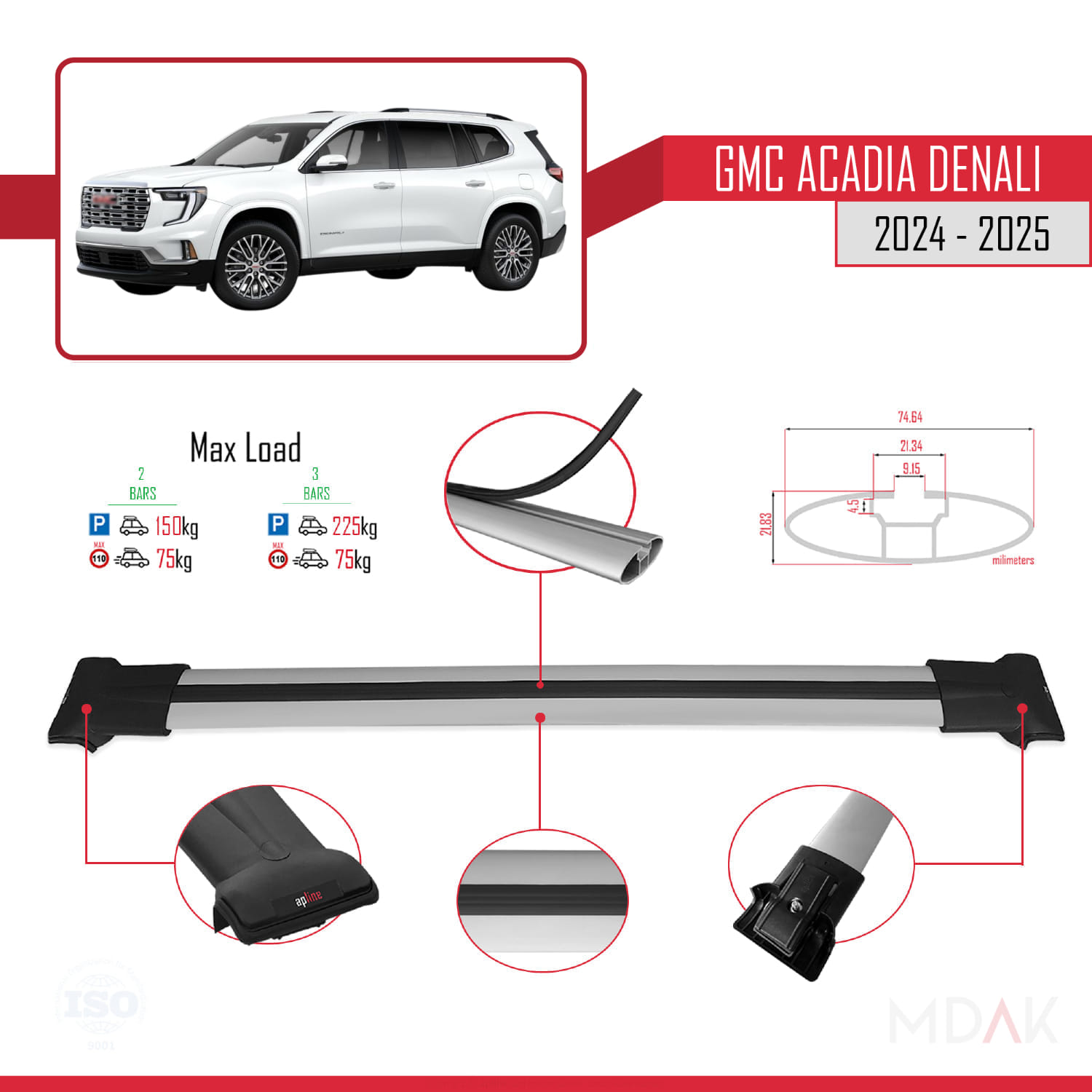 GMC Acadia Denali 2024-2025 Arası ile Uyumlu FLY Model Ara Atkı Tavan Barı Gri 2 Adet - Görsel 4