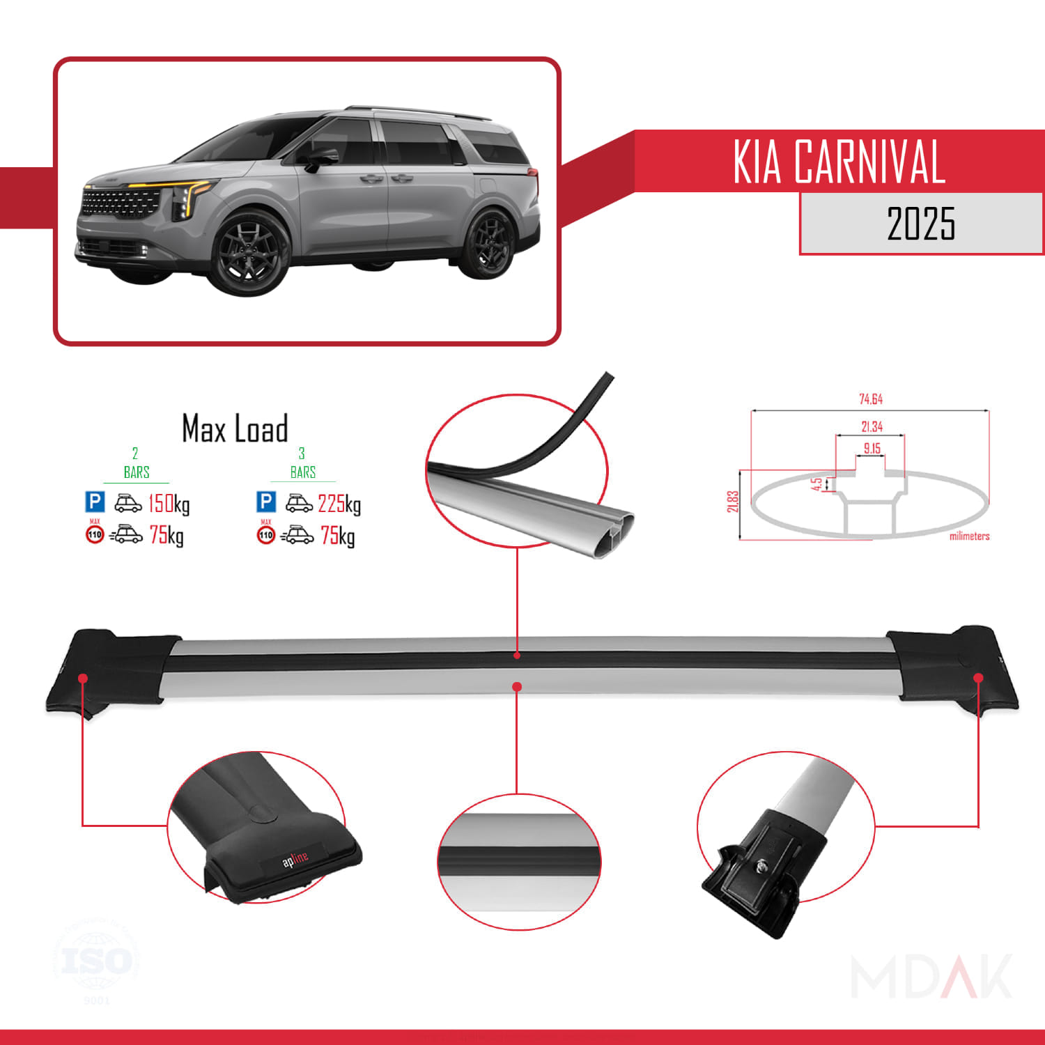 Kia Carnival 2025 ve Sonrası ile Uyumlu FLY Model Ara Atkı Tavan Barı Gri 2 Adet - Görsel 4