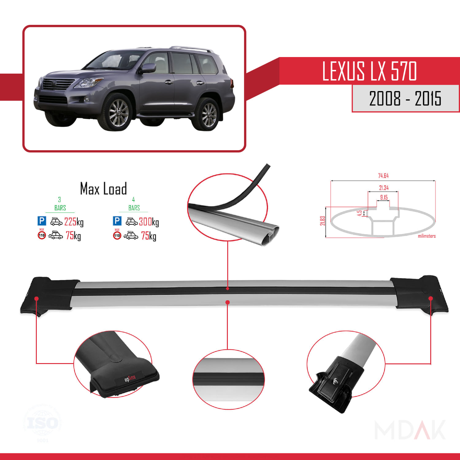 Lexus LX 570 2008-2015 Arası ile Uyumlu FLY Model Ara Atkı Tavan Barı Gri 3 Adet - Görsel 3