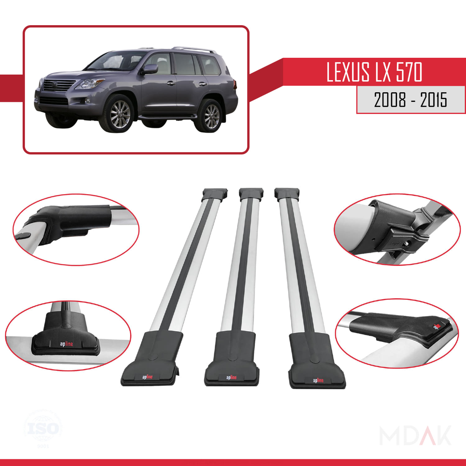 Lexus LX 570 2008-2015 Arası ile Uyumlu FLY Model Ara Atkı Tavan Barı Gri 3 Adet - Görsel 4