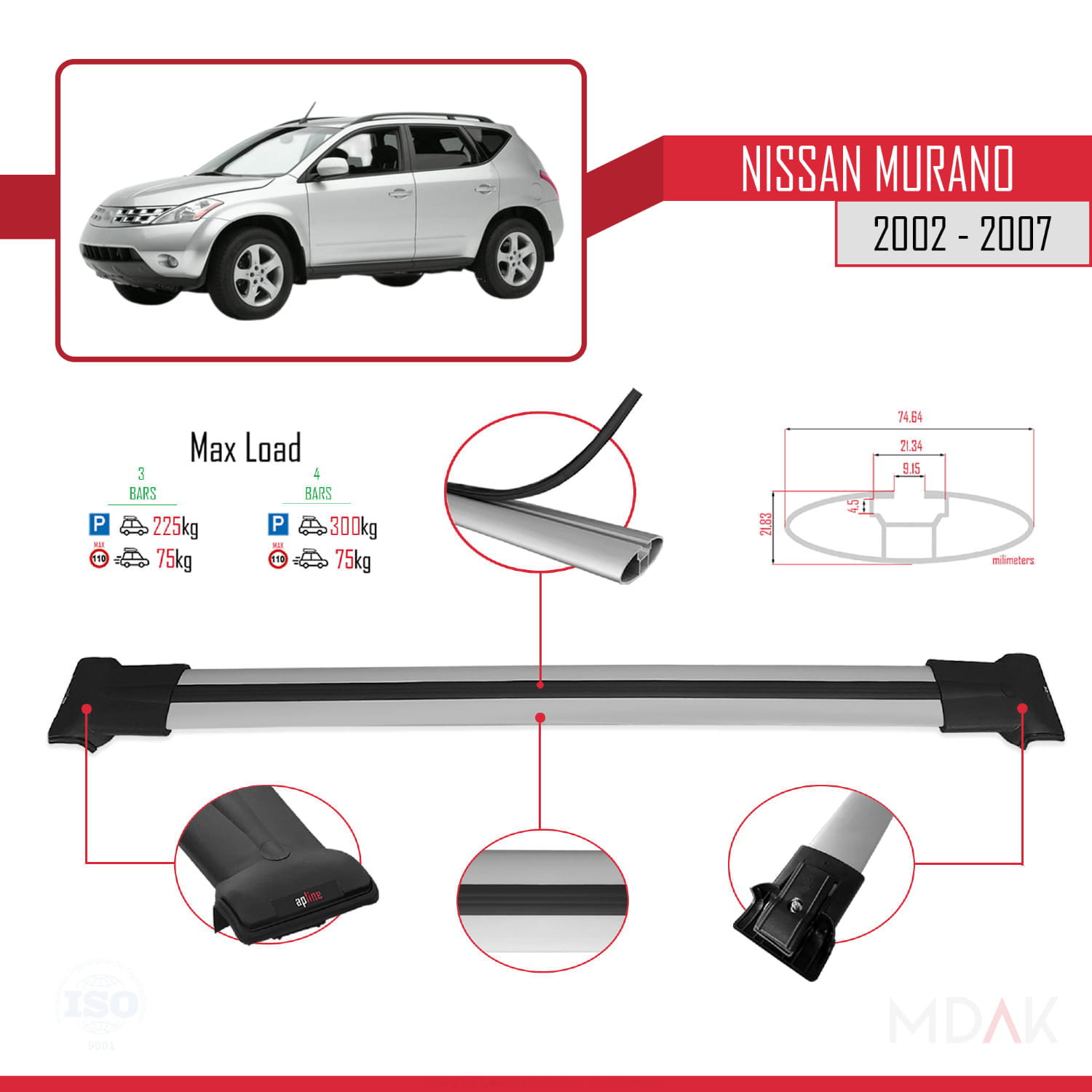 Nissan Murano 2002-2007 Arası ile Uyumlu FLY Model Ara Atkı Tavan Barı Gri 3 Adet - Görsel 3